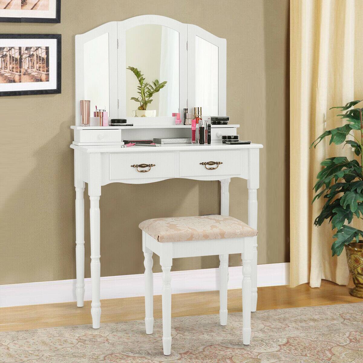 Alt View 8. Ecooso - Simple Vanity Table with Tri-Folding Mirror, Compact Drawers and Top Storage Shelf for Daily Makeup - White.