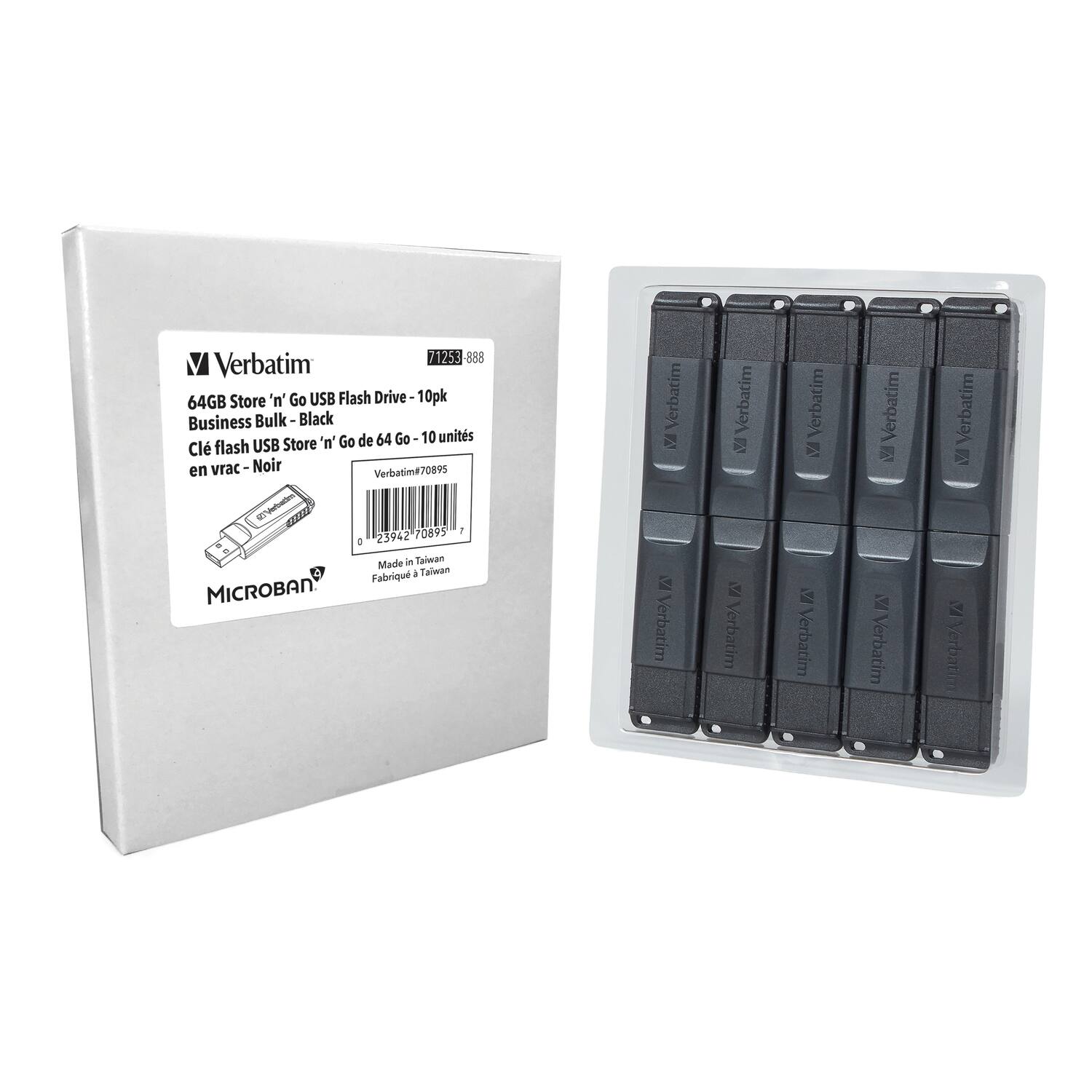 Verbatim  
64GB Store 'n' Go USB Flash Drive - 10pk  
Business Bulk - Black  
Clé flash USB Store 'n' Go de 64 Go - 10 unités en vrac - Noir  
Verbatim#70895  
Made in Taiwan  
Fabriqué à Taiwan  
MICROBAN®  

71253 888  
0 12342 70895 8  
Verbatim  
Verbatim  
Verbatim  
Verbatim  
Verbatim  
Verbatim  
Verbatim  
Verbatim  
Verbatim  
Verbatim