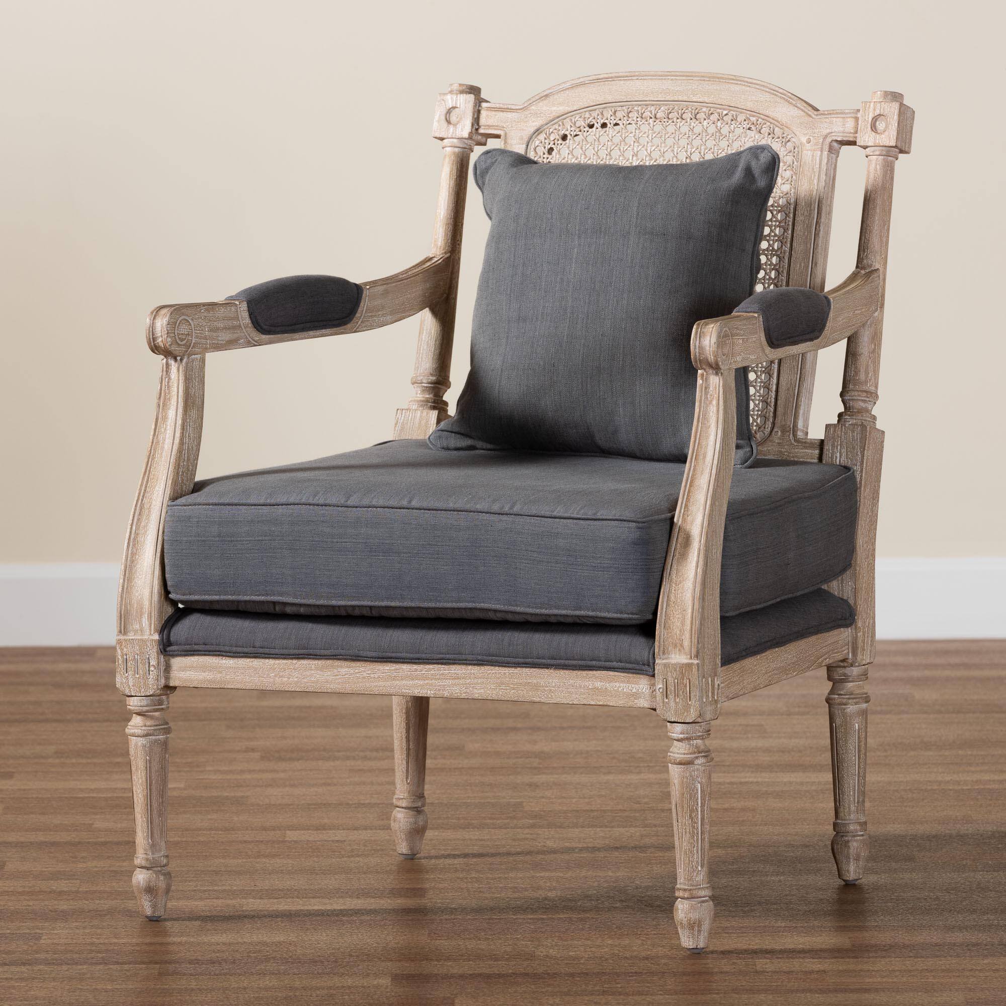 Alt View 5. bali & pari - Clemence French Provincial Fabric Whitewashed Mahogany Wood Armchair - Grey/Whitewashed Brown.