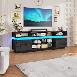 Espafurni - 83" LED TV Stand with Power Outlets, High Gloss & Glass Shelf - Black