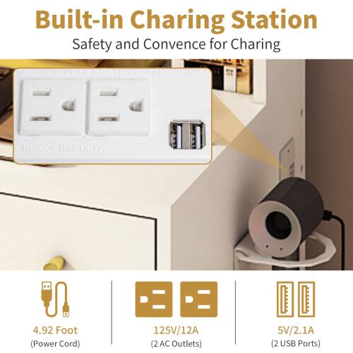 Built-in Charging Station  
Safety and Convenience for Charging  

- Indoor Use Only  
- 4.92 Foot (Power Cord)  
- 125V/12A (2 AC Outlets)  
- 5V/2.1A (2 USB Ports)