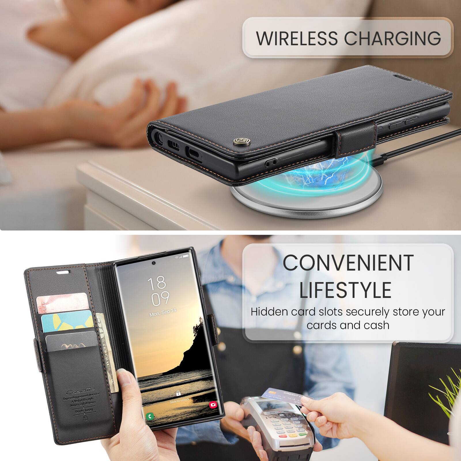 WIRELESS CHARGING

18 09 Sep 14 Mon,

CONVENIENT LIFESTYLE
Hidden card slots securely store your cards and cash