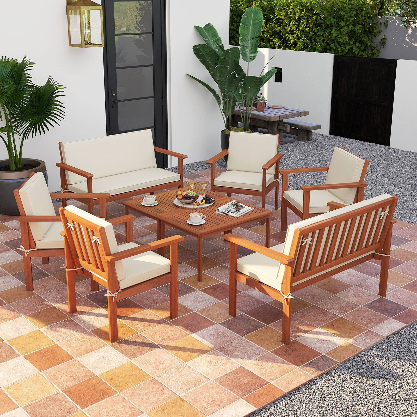 Alt View 1. Gymax - Gymax 8 Pieces Patio Furniture Set, Acacia Wood Porch Chairs w/ Table - White.