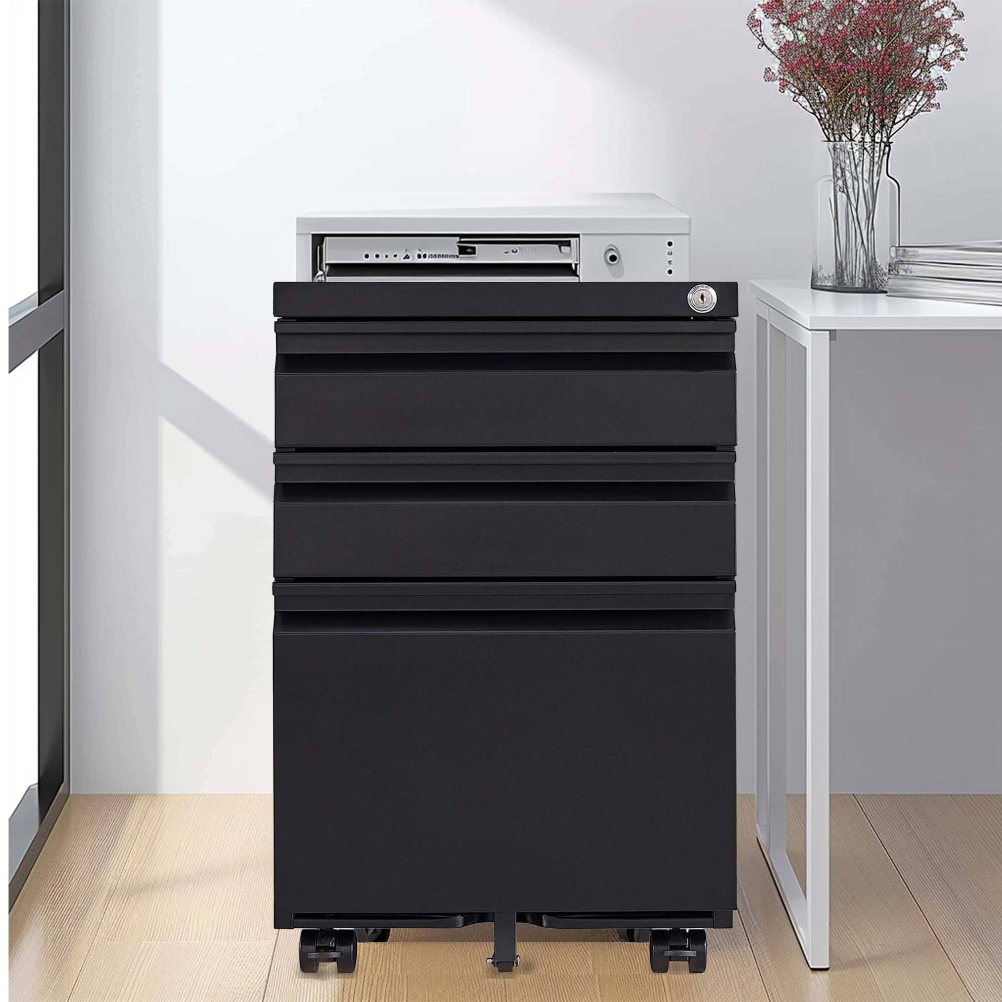 Back. Mirfee - 3-Drawer Mobile File Cabinet with Lock, Rolling Organizer for A4/Letter/Legal - Black.