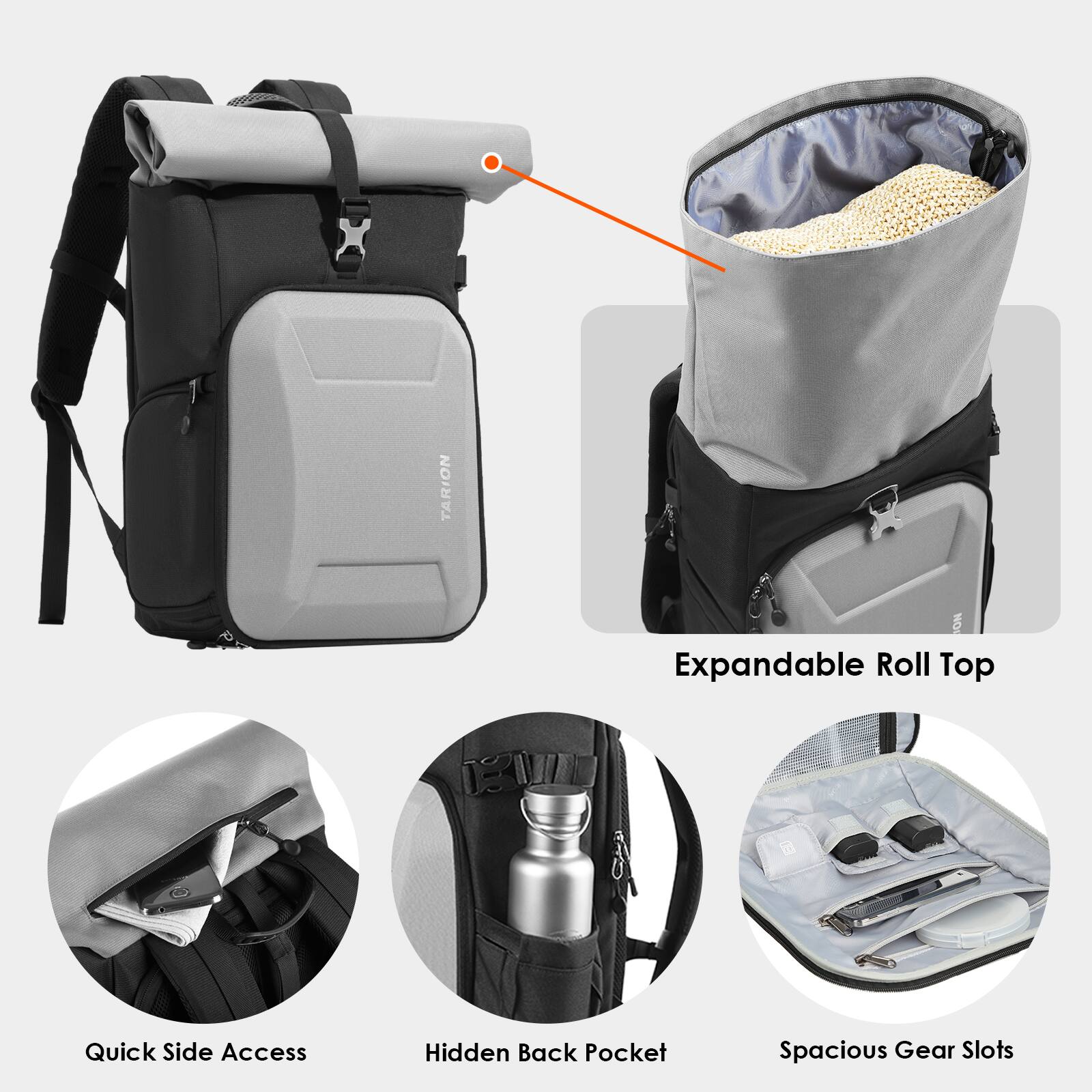 TARION NO Expandable Roll Top BU Quick Side Access Hidden Back Pocket Spacious Gear Slots

- Expandable Roll Top
- Quick Side Access
- Hidden Back Pocket
- Spacious Gear Slots