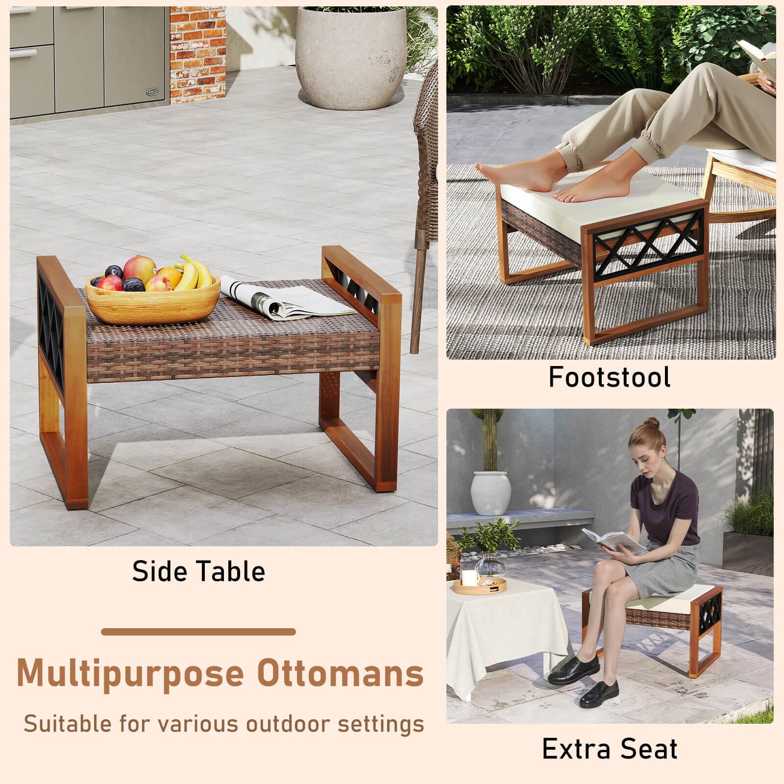 - Footstool
- Side Table
- Multipurpose Ottomans
- Suitable for various outdoor settings
- Extra Seat