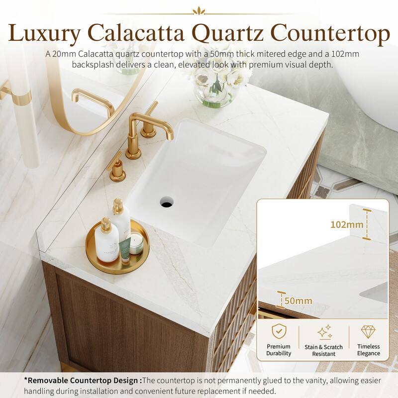 Luxury Calacatta Quartz Countertop

A 20mm Calacatta quartz countertop with a 50mm thick mitered edge and a 102mm backsplash delivers a clean, elevated look with premium visual depth.

102mm
50mm

Premium Durability
Stain & Scratch Resistant
Timeless Elegance

*Removable Countertop Design: The countertop is not permanently glued to the vanity, allowing easier handling during installation and convenient future replacement if needed.