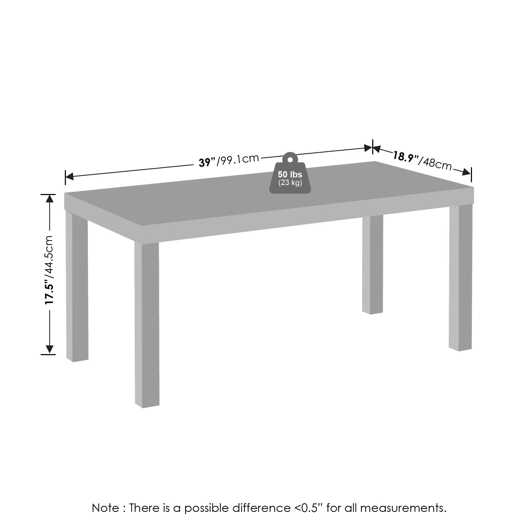 39" / 99.1 cm  
18.9" / 48 cm  
17.5" / 44.5 cm  
50 lbs (23 kg)  

Note: There is a possible difference <0.5" for all measurements.