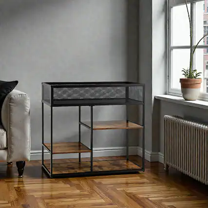 Front. Hivvago - Multi-Tier Industrial Console Table with Wire Basket and Storage Space - Rustic Brown.