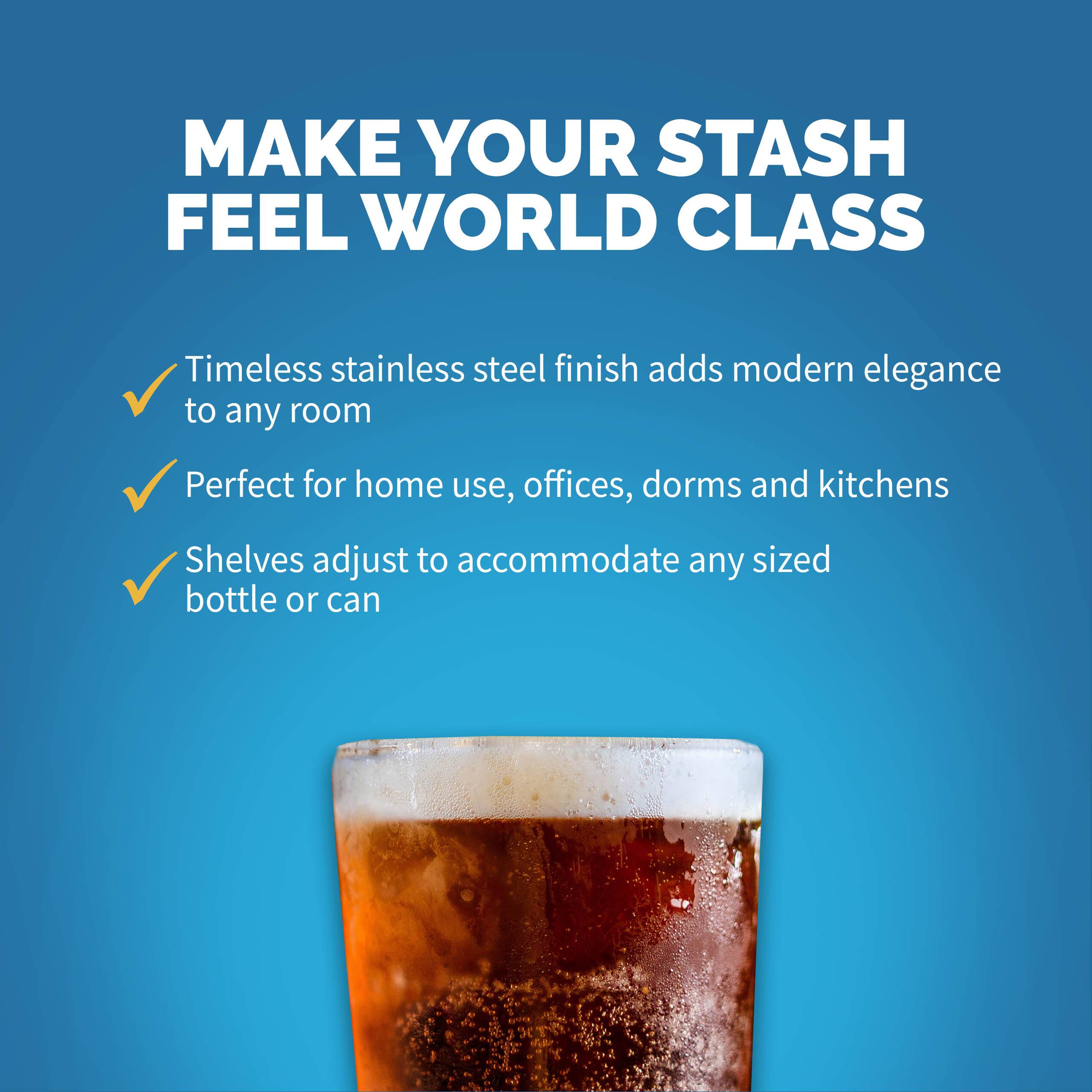 Make Your Stash Feel World Class: Timeless stainless steel finish adds modern elegance to any room. Perfect for home use, offices, dorms, and kitchens. Shelves adjust to accommodate any sized bottle or can.