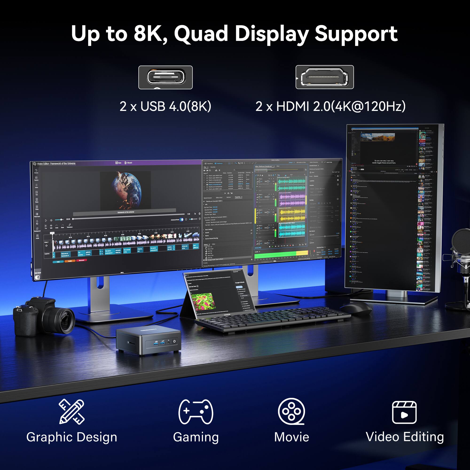 Up to 8K, Quad Display Support

2 x USB 4.0 (8K)

2 x HDMI 2.0 (4K@120Hz)

Graphic Design

Gaming

Movie

Video Editing