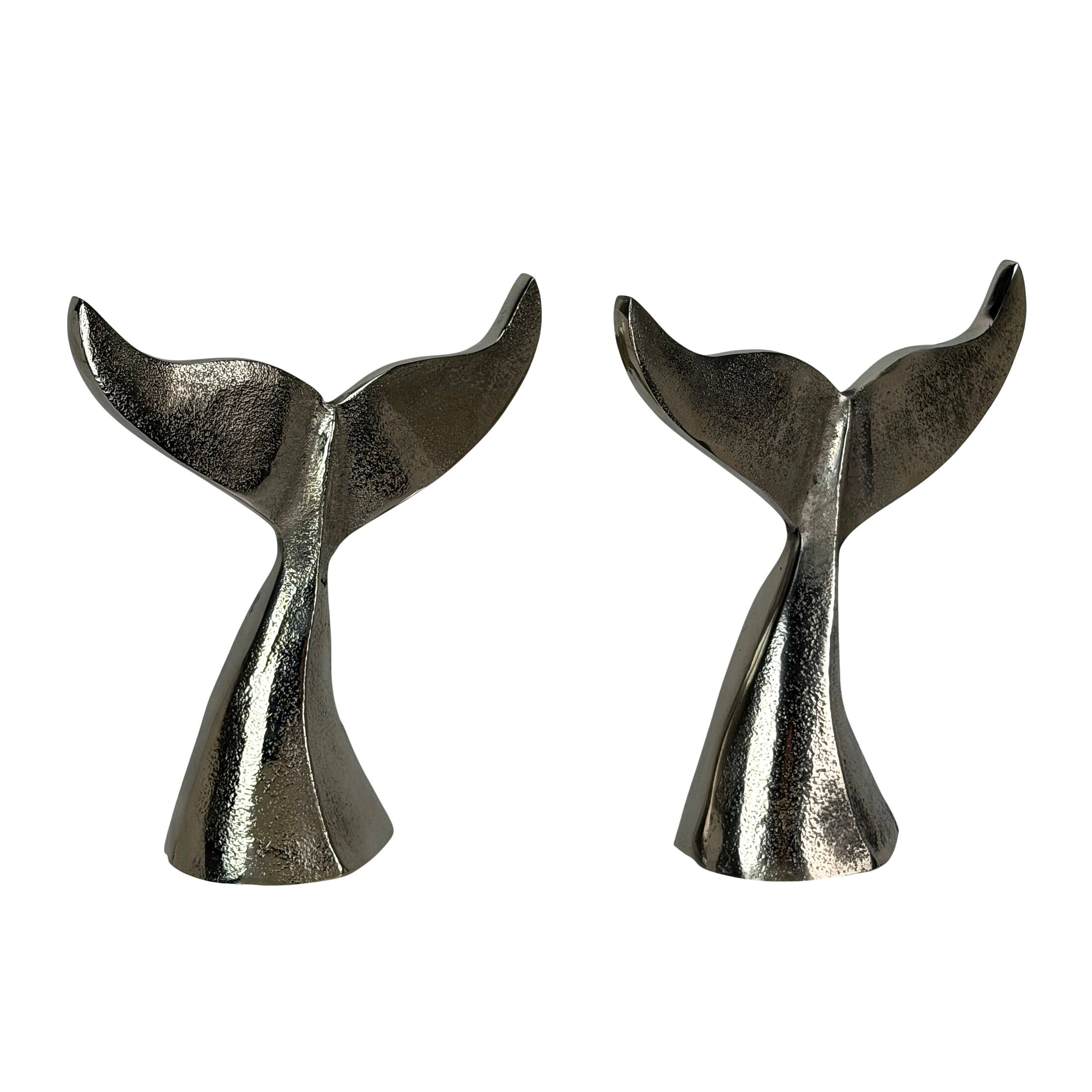 Front. Things2Die4 - Decorative Whale Tail Bookends Set of 2 Silver Cast Aluminum 7 In - Silver.