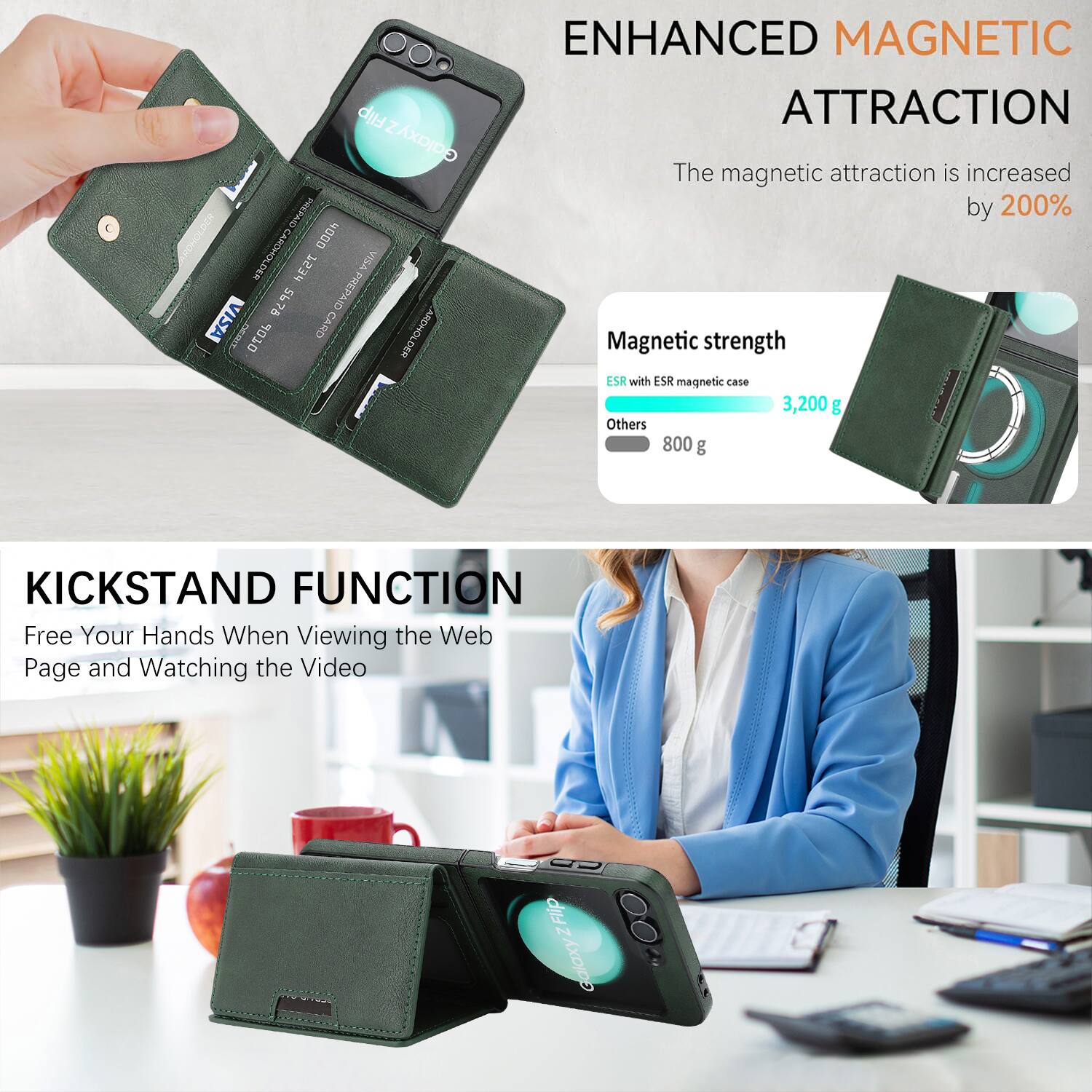 ENHANCED MAGNETIC ATTRACTION

The magnetic attraction is increased by 200%

Magnetic strength
ESR with ESR magnetic case 3,200 g
Others 800 g

KICKSTAND FUNCTION

Free Your Hands When Viewing the Web Page and Watching the Video