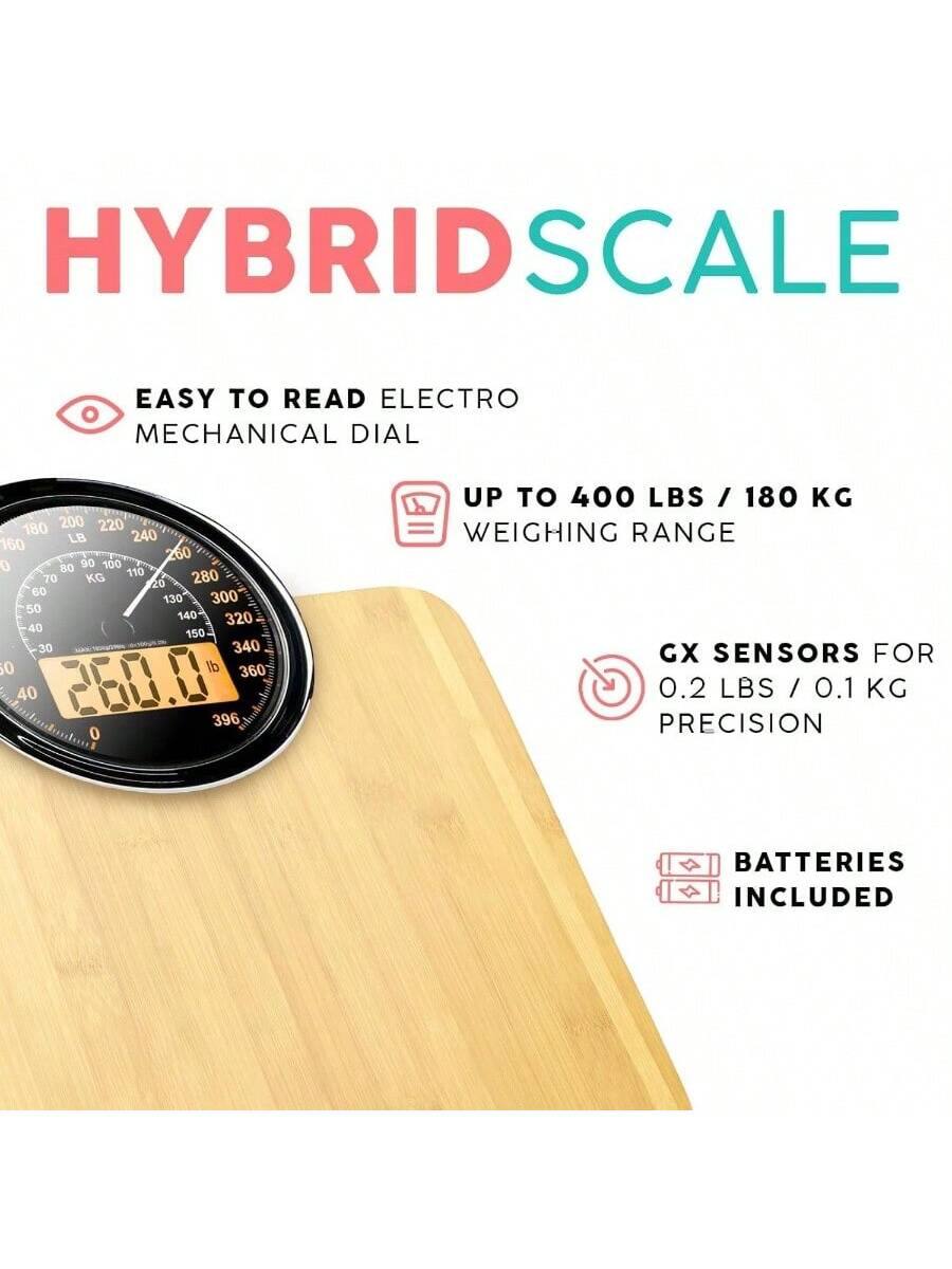 HYBRID SCALE

EASY TO READ ELECTRO MECHANICAL DIAL

UP TO 400 LBS / 180 KG WEIGHING RANGE

GX SENSORS FOR 0.2 LBS / 0.1 KG PRECISION

BATTERIES INCLUDED