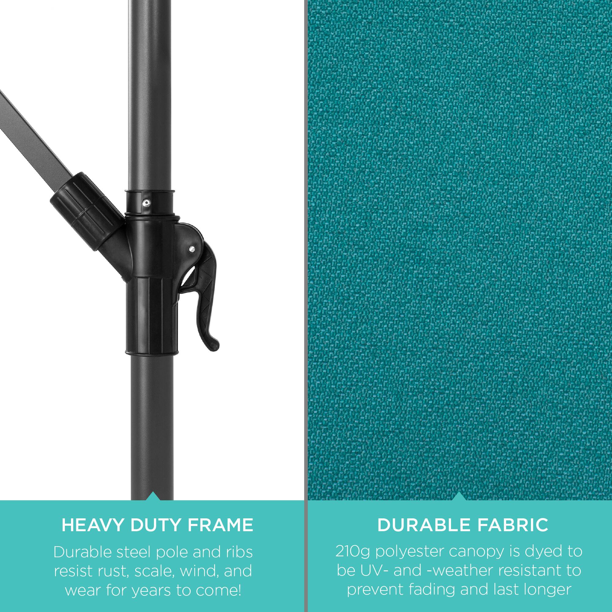 HEAVY DUTY FRAME  
Durable steel pole and ribs resist rust, scale, wind, and wear for years to come!

DURABLE FABRIC  
210g polyester canopy is dyed to be UV- and weather resistant to prevent fading and last longer