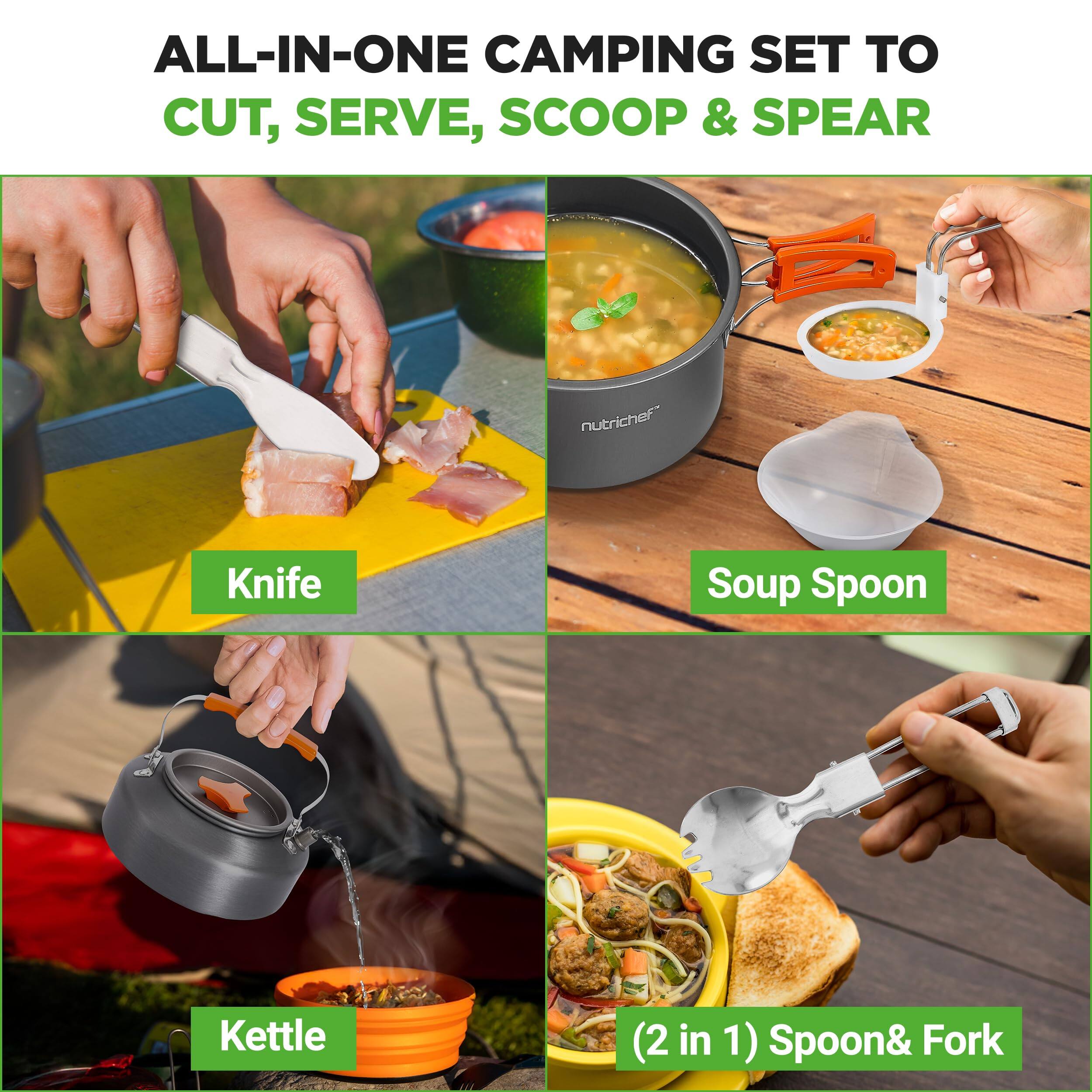 ALL-IN-ONE CAMPING SET TO CUT, SERVE, SCOOP & SPEAR

- Knife
- Soup Spoon
- Kettle
- (2 in 1) Spoon & Fork