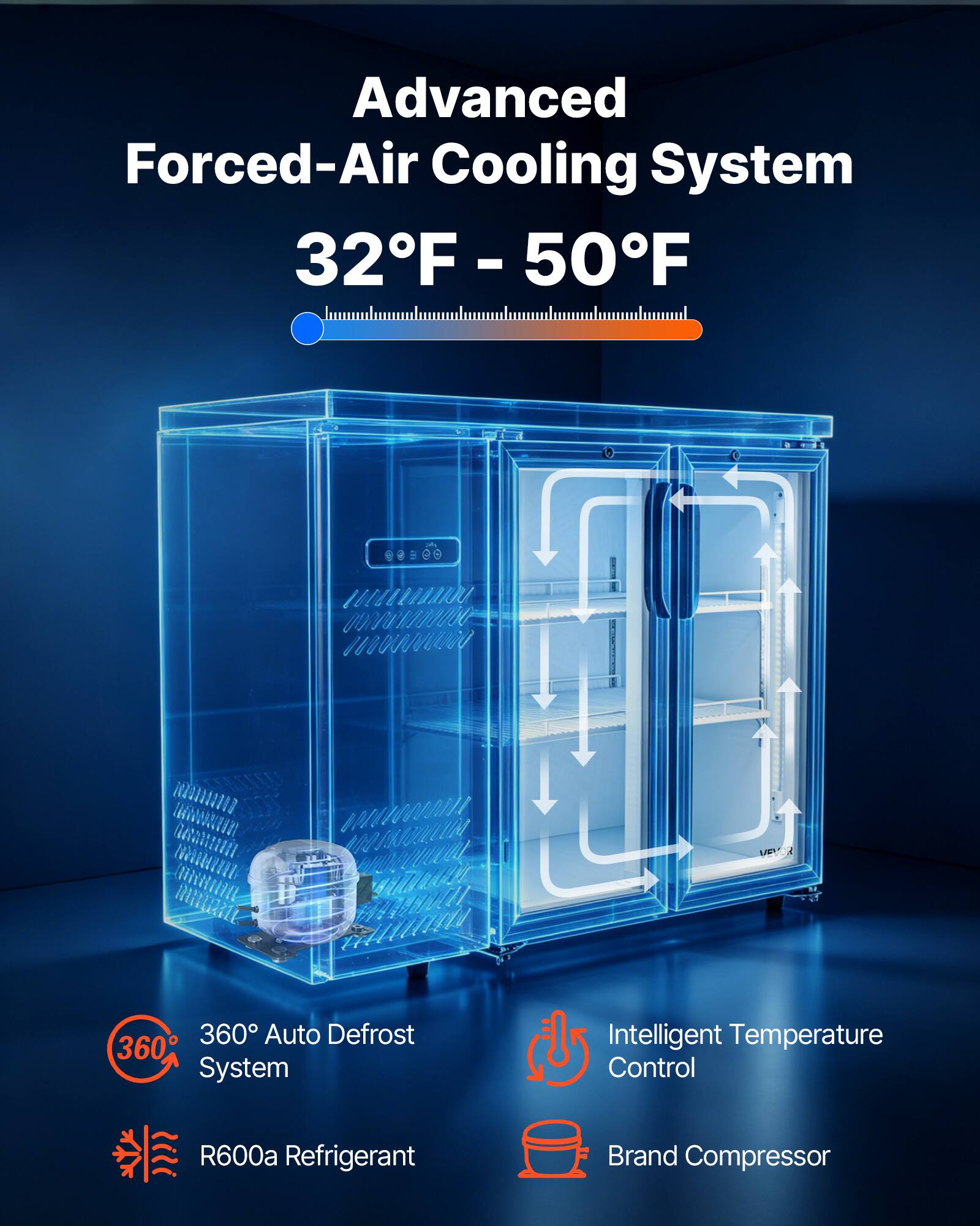Advanced Forced-Air Cooling System  
32°F - 50°F  
360° Auto Defrost System  
Intelligent Temperature Control  
R600a Refrigerant  
Brand Compressor