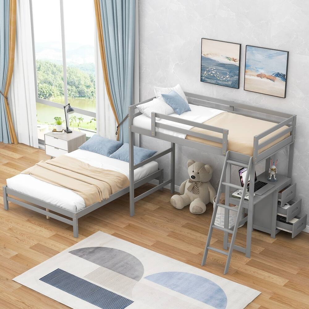 Left. Loheer - Loheer Twin Over Full Bunk Bed with Desk and Drawers Grey - Grey.