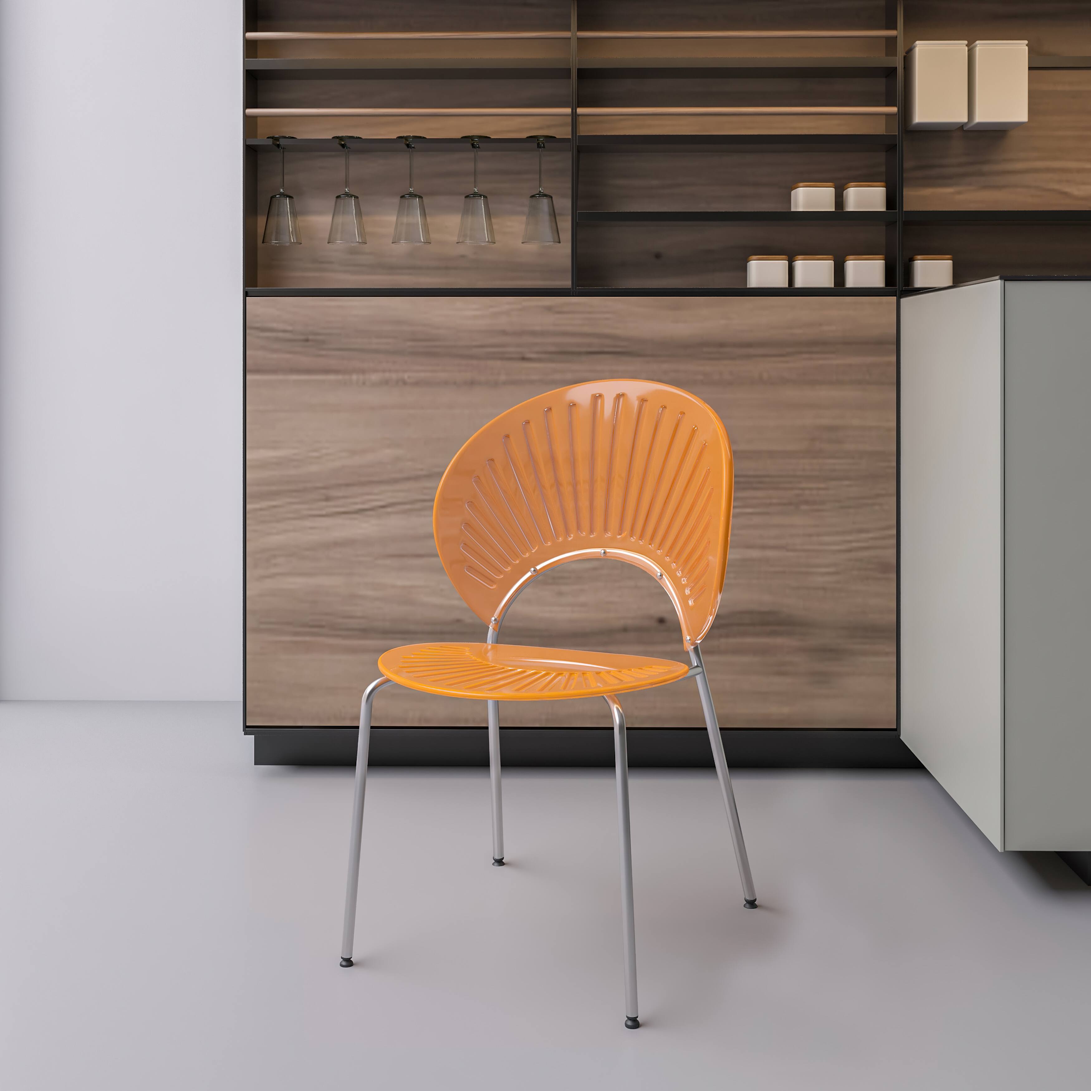 Left. LeisureMod - Opulent 2-PCS Modern Plastic Dining Chair, Stackable Shell Accent Chair with Chrome Base & Protective Floor Glides - Amber.