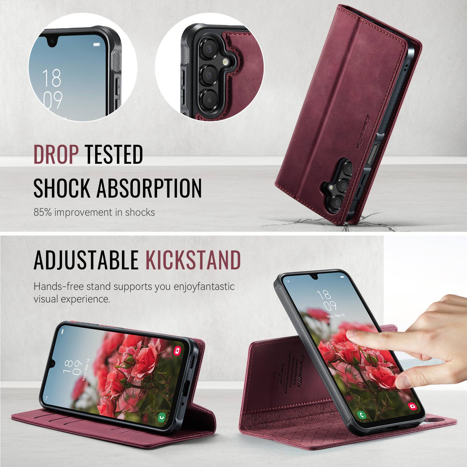 18 09 DROP TESTED SHOCK ABSORPTION  
85% improvement in shocks  

ADJUSTABLE KICKSTAND  
Hands-free stand supports you enjoy fantastic visual experience.