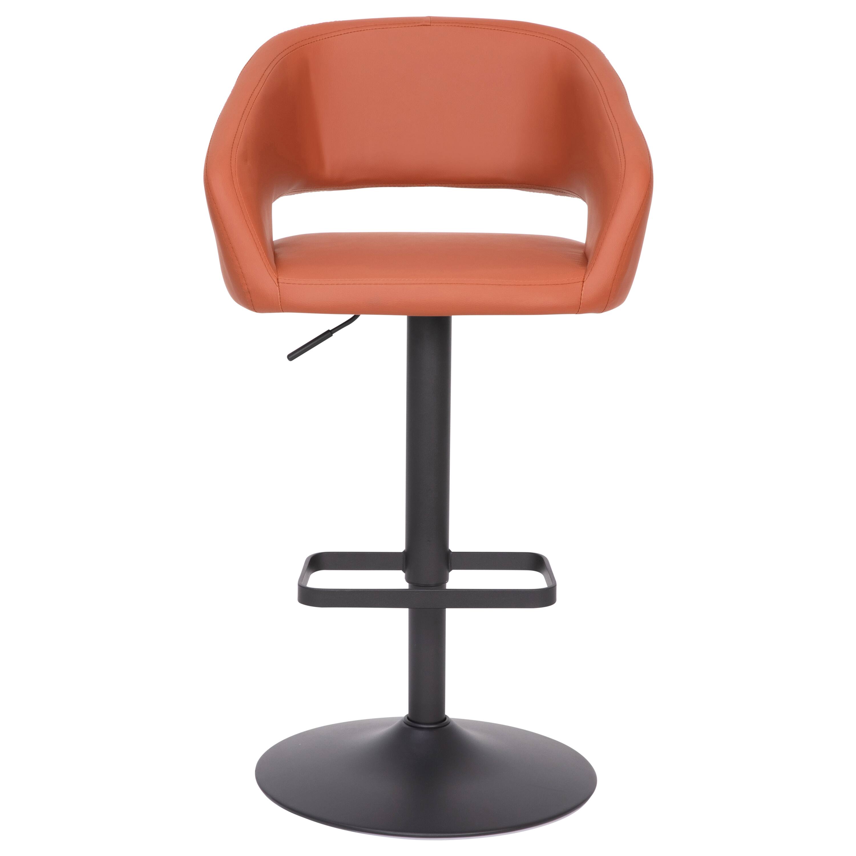 Alt View 7. Emma + Oliver - Shae Contemporary Upholstered Adjustable Height Barstool with Rounded, Cutout Mid-Back and Pedestal Base - Cognac Vinyl/Black Frame.
