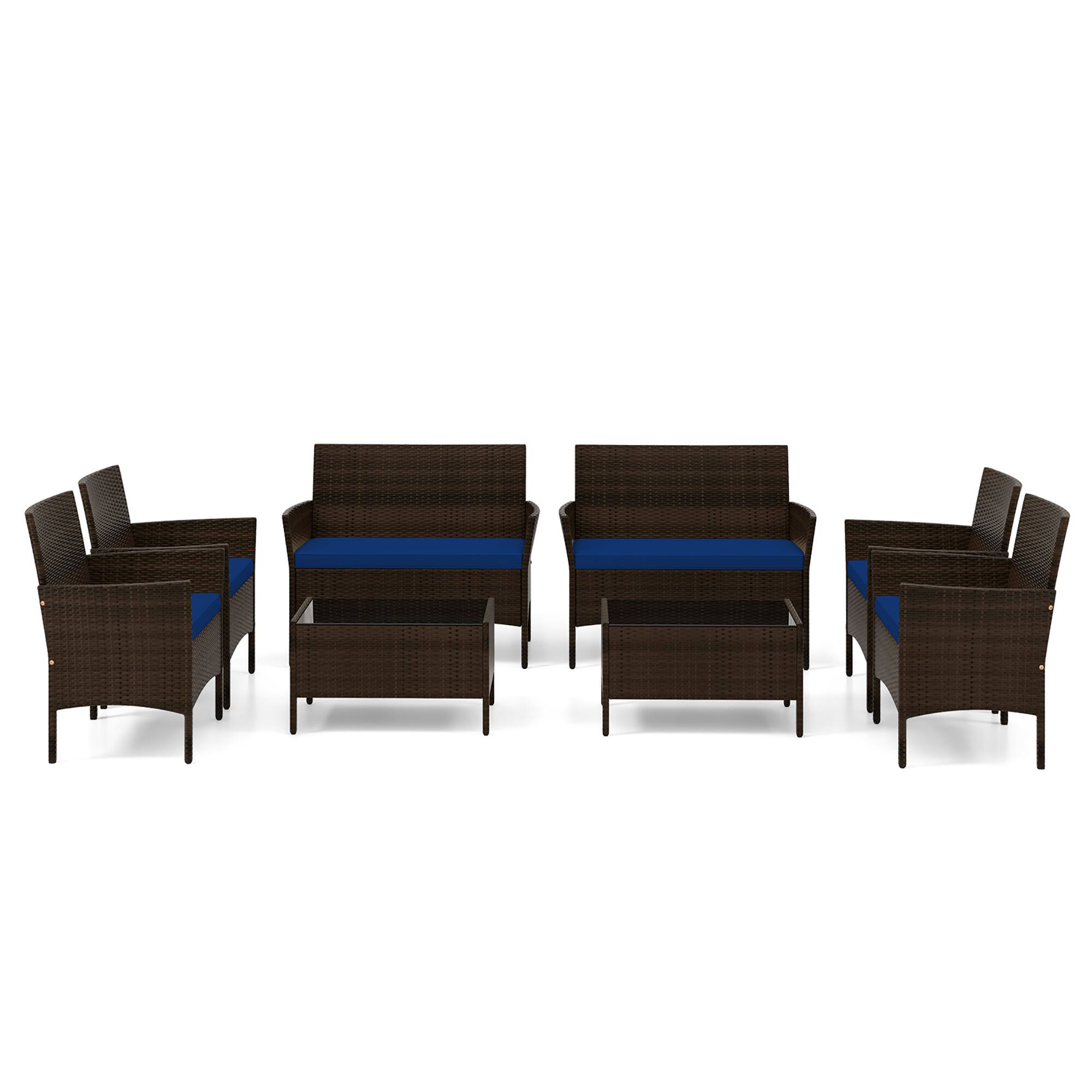 Alt View 9. Gymax - Gymax 8 PCS Patio Rattan Conversation Set Outdoor Wicker Furniture Set w/ Chair & Loveseat - Brown, Navy.
