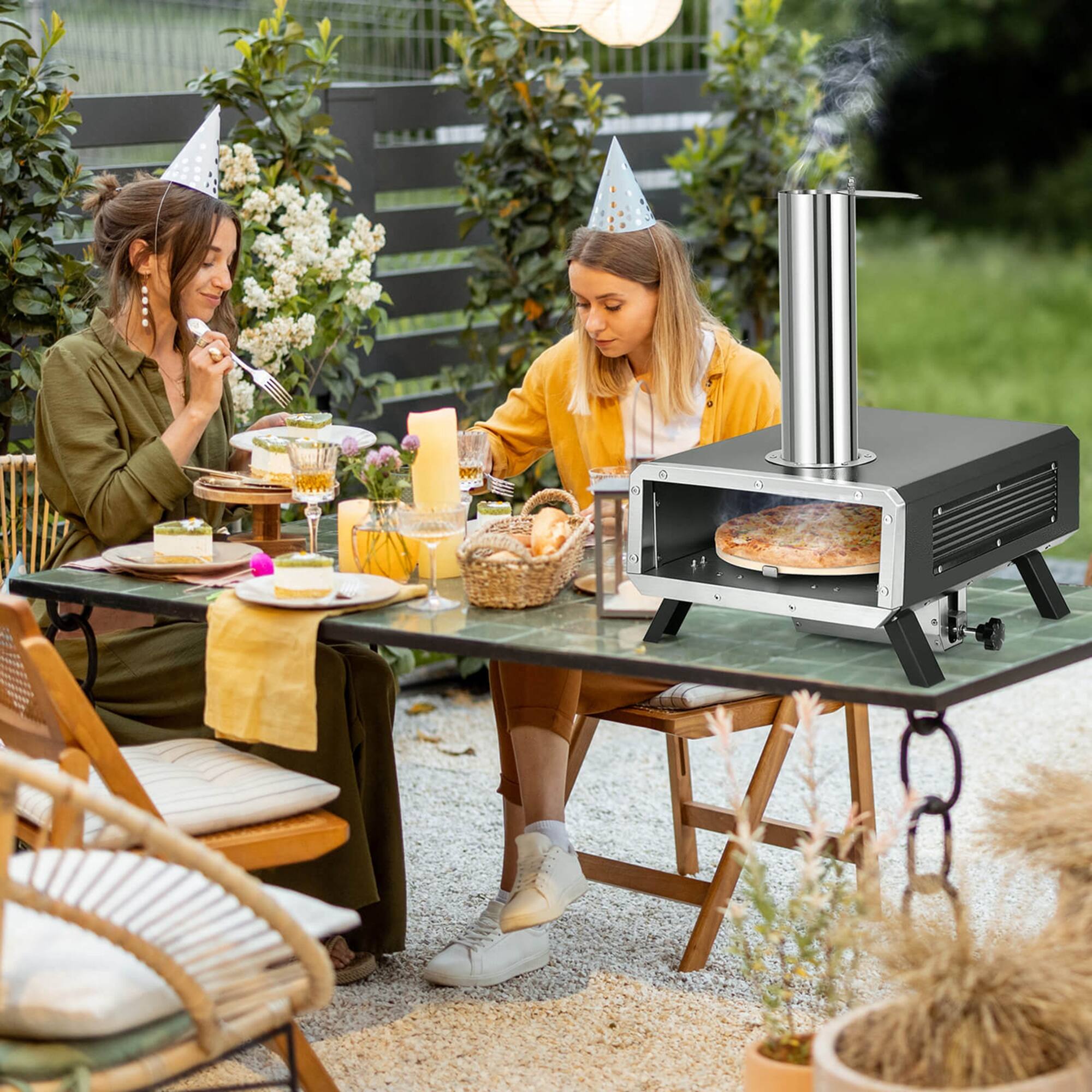 Angle. Costway - Outdoor Pizza Oven Wood Pellet Pizza Stove with 12" Round Rotatable Pizza Stone - Black + Silver.