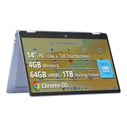 14" HD 1366 x 768 Touchscreen
4GB Memory
64GB eMMC + 1TB Docking Station
Chrome OS
Intel Inside