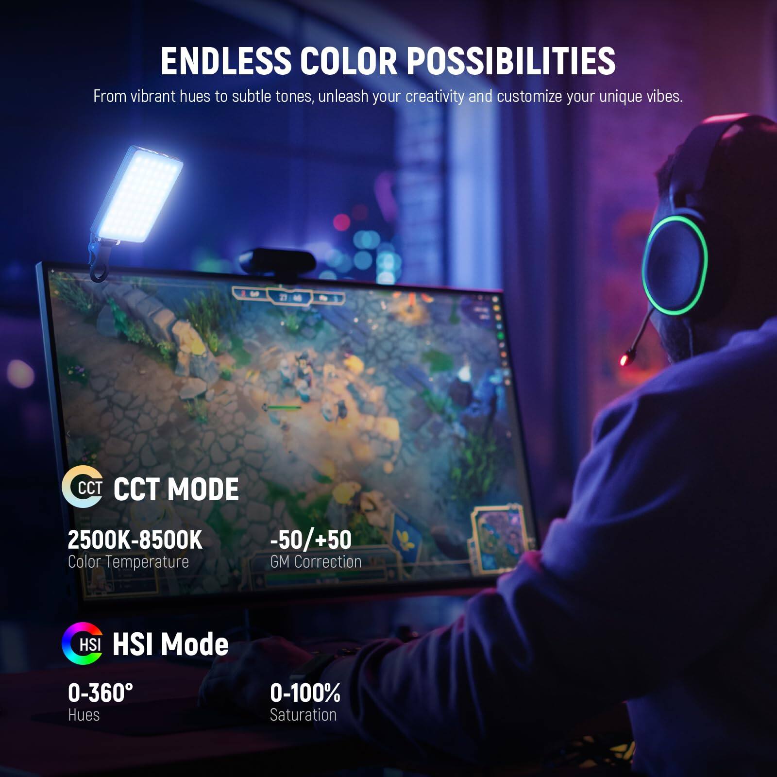 ENDLESS COLOR POSSIBILITIES  
From vibrant hues to subtle tones, unleash your creativity and customize your unique vibes.

CCT MODE  
2500K-8500K  
Color Temperature  
-50/+50  
GM Correction

HSI Mode  
0-360°  
Hues  
0-100%  
Saturation