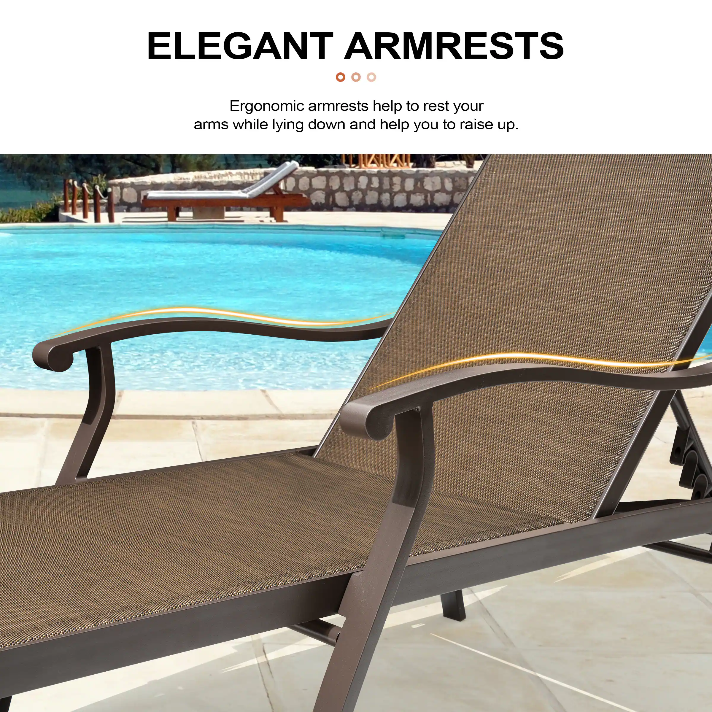 ELEGANT ARMRESTS

Ergonomic armrests help to rest your arms while lying down and help you to raise up.