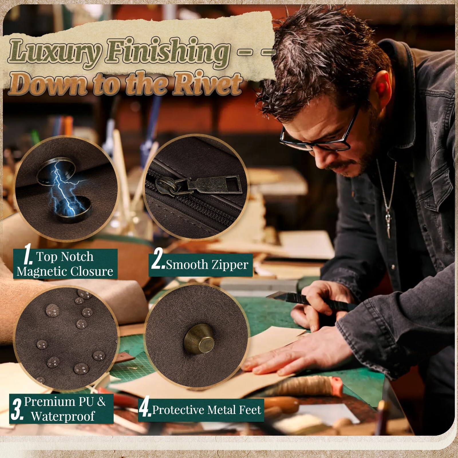 Luxury Finishing - Down to the Rivet

1. Top Notch Magnetic Closure
2. Smooth Zipper
3. Premium PU & Waterproof
4. Protective Metal Feet