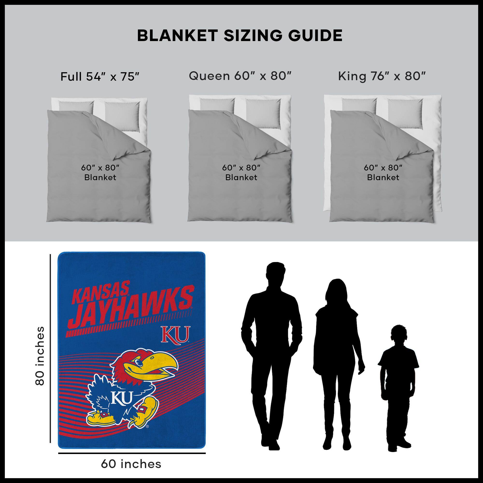 BLANKET SIZING GUIDE

Full 54" x 75"  
Queen 60" x 80"  
King 76" x 80"  

60" x 80" Blanket  
60" x 80" Blanket  
60" x 80" Blanket  

KANSAS JAYHAWKS  
KU  

80 inches  
60 inches