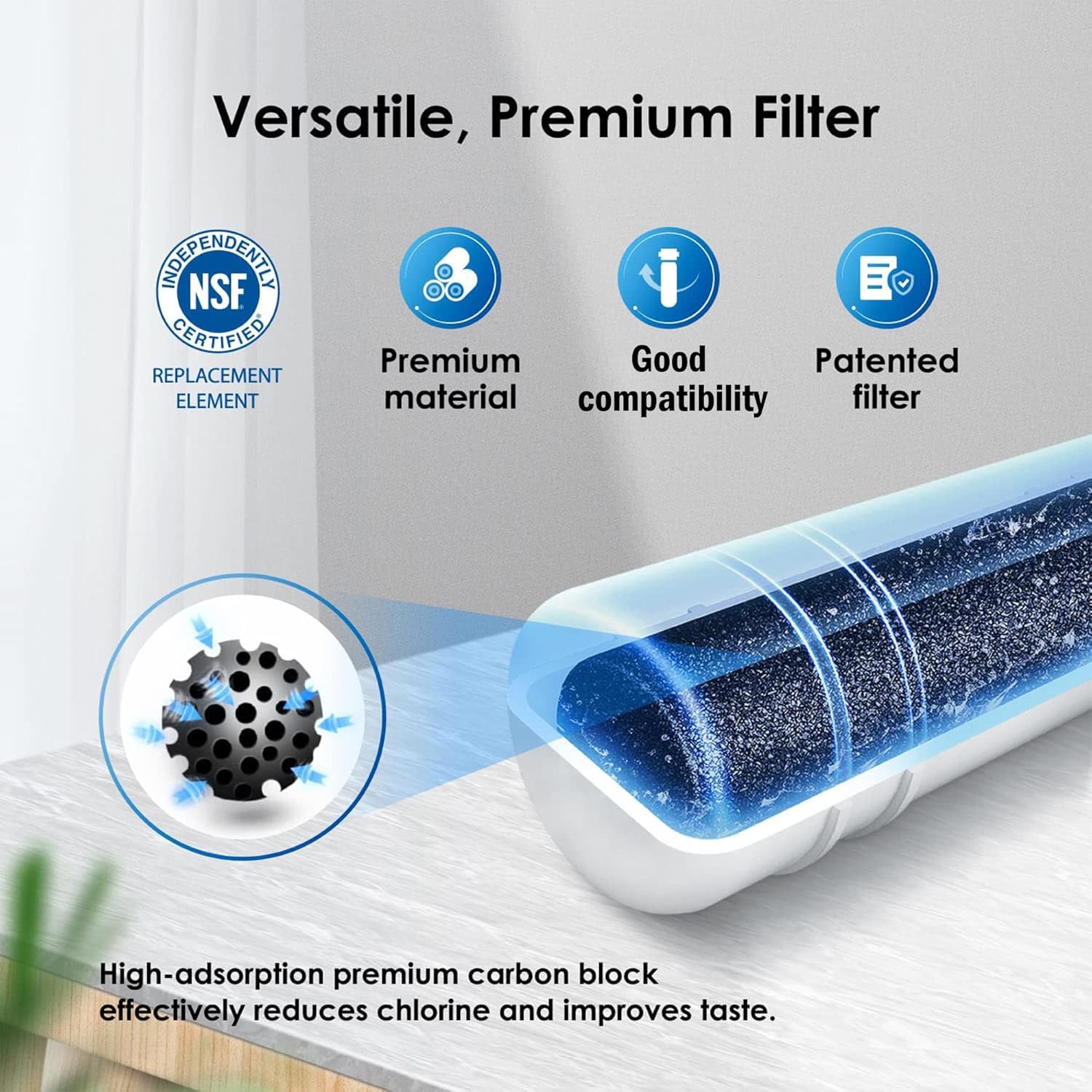Versatile, Premium Filter

- NSF Certified Replacement Element
- Premium material
- Good compatibility
- Patented filter

High-adsorption premium carbon block effectively reduces chlorine and improves taste.