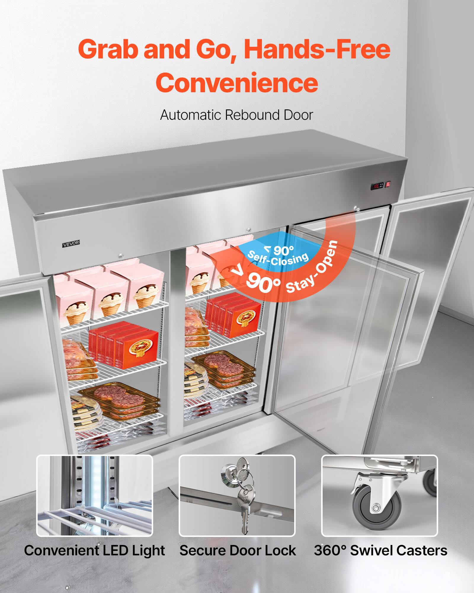 Grab and Go, Hands-Free Convenience  
Automatic Rebound Door  

- Self-Closing > 90° Stay-Open  
- Convenient LED Light  
- Secure Door Lock  
- 360° Swivel Casters