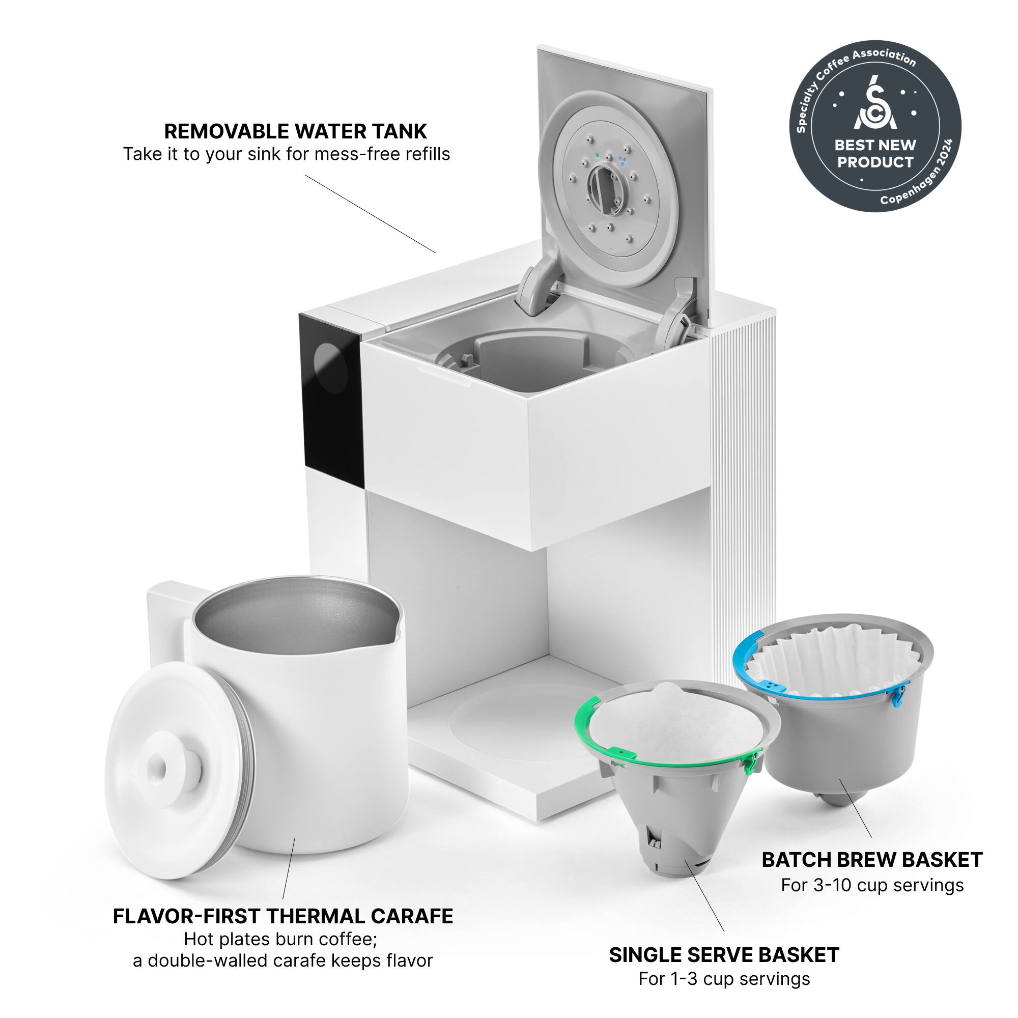 The image features a white coffee maker with a removable water tank, which allows for mess-free refills. The coffee maker has been awarded the Coffee Association Specialty S Best New Product 2024. The image also includes a flavor-first thermal carafe, which keeps the coffee's flavor intact. Additionally, there are two types of baskets: a batch brew basket for 3-10 cup servings and a single serve basket for 1-3 cup servings.