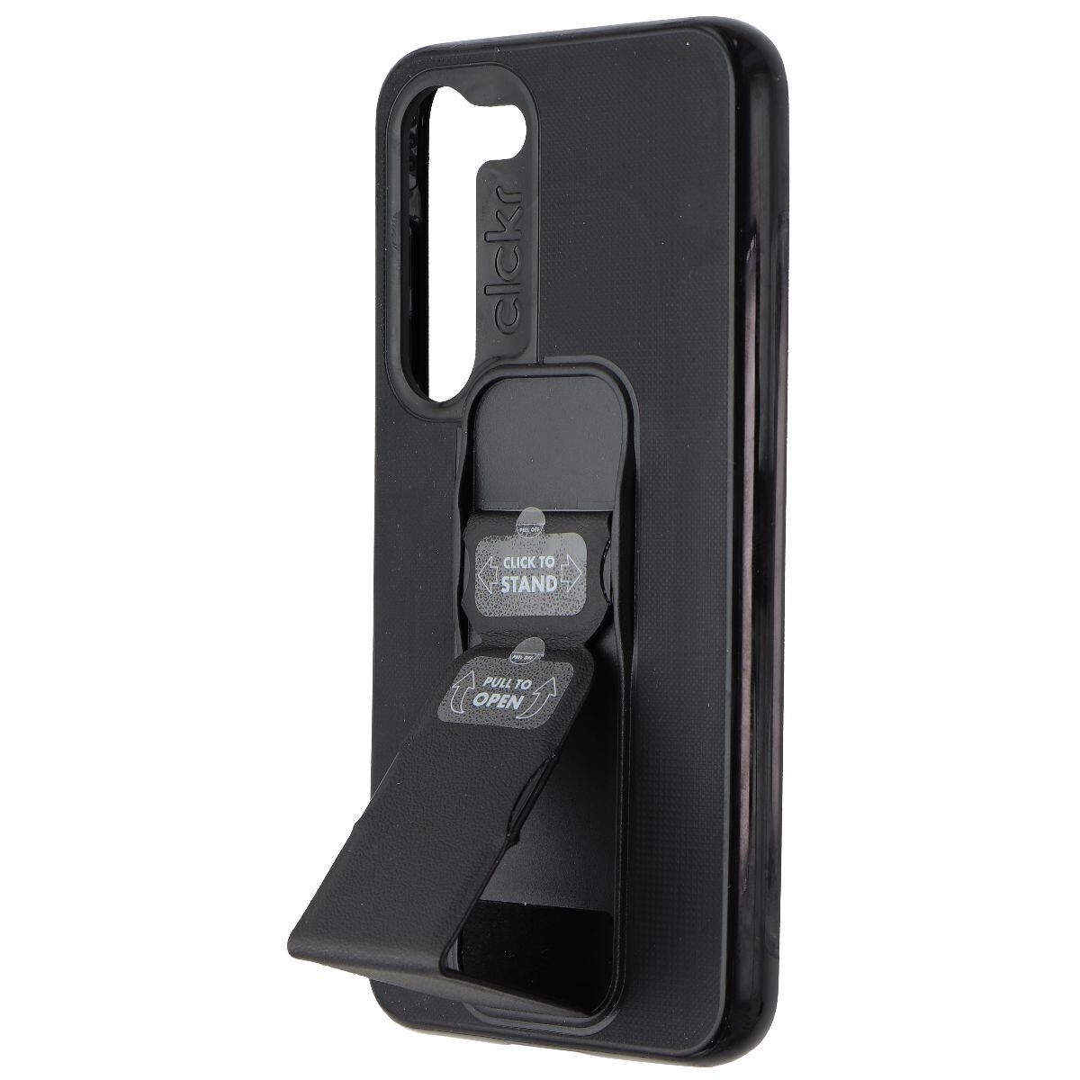1. Click to stand
2. Pull to open