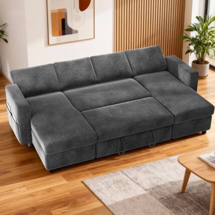 Front. Dyonery - 105" Sectional Sleeper Sofa,Pull Out Couch with Reclining Backrest,USB Ports, Tool-Free Assembly, Chenille Grey - Chenille Gray.