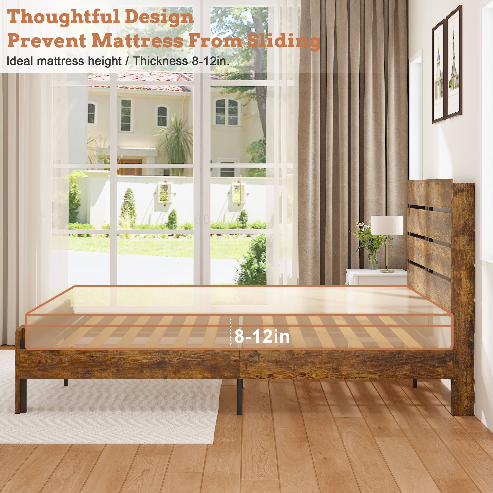 Thoughtful Design Prevent Mattress From Sliding  
Ideal mattress height / Thickness - 8-12in.