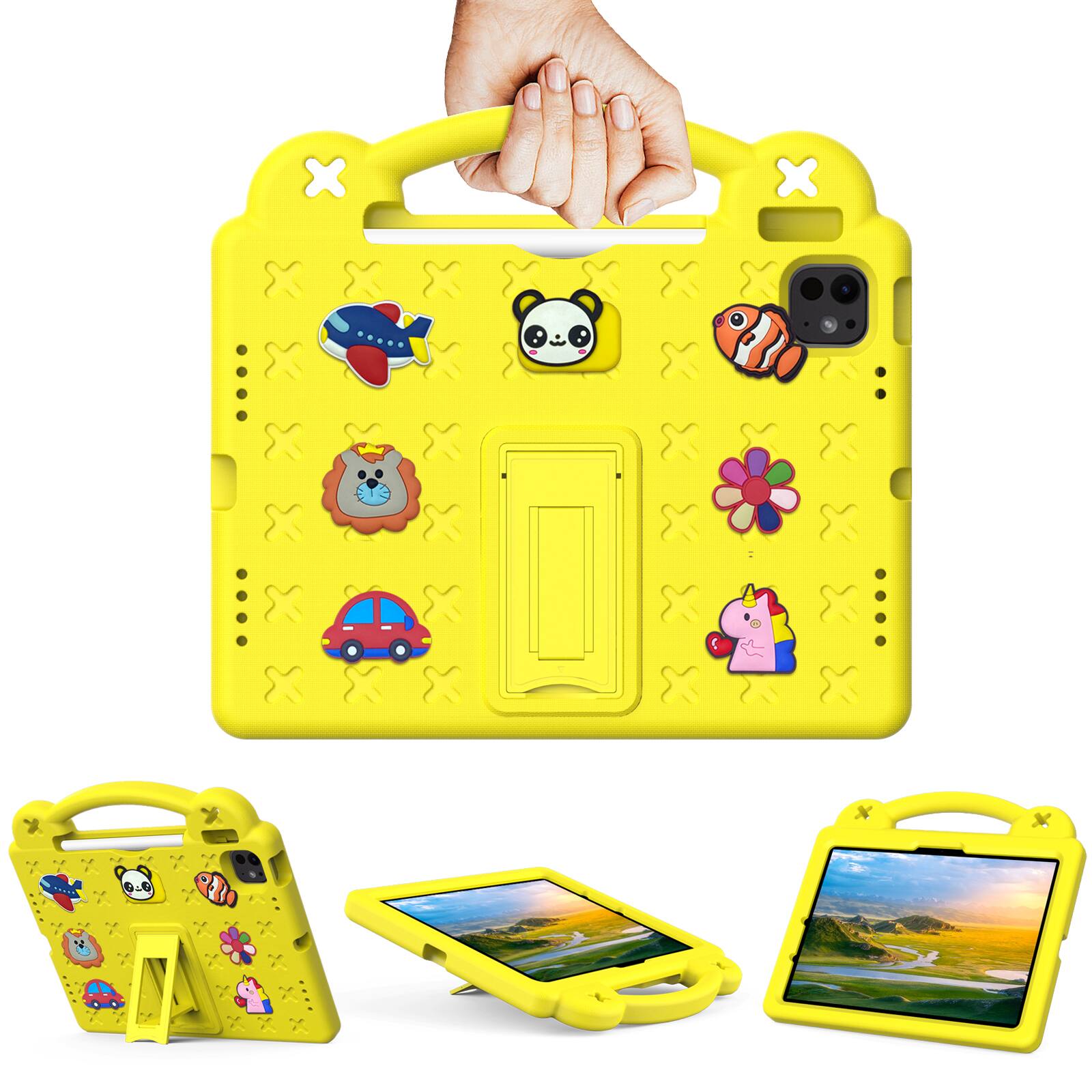 Angle. UUCOVER - Kids Case for iPad Air 11-inch M4 M3 M2 (2026/2025/2024),Shockproof EVA Case Handle Adjustable Stand Cover - Yellow.