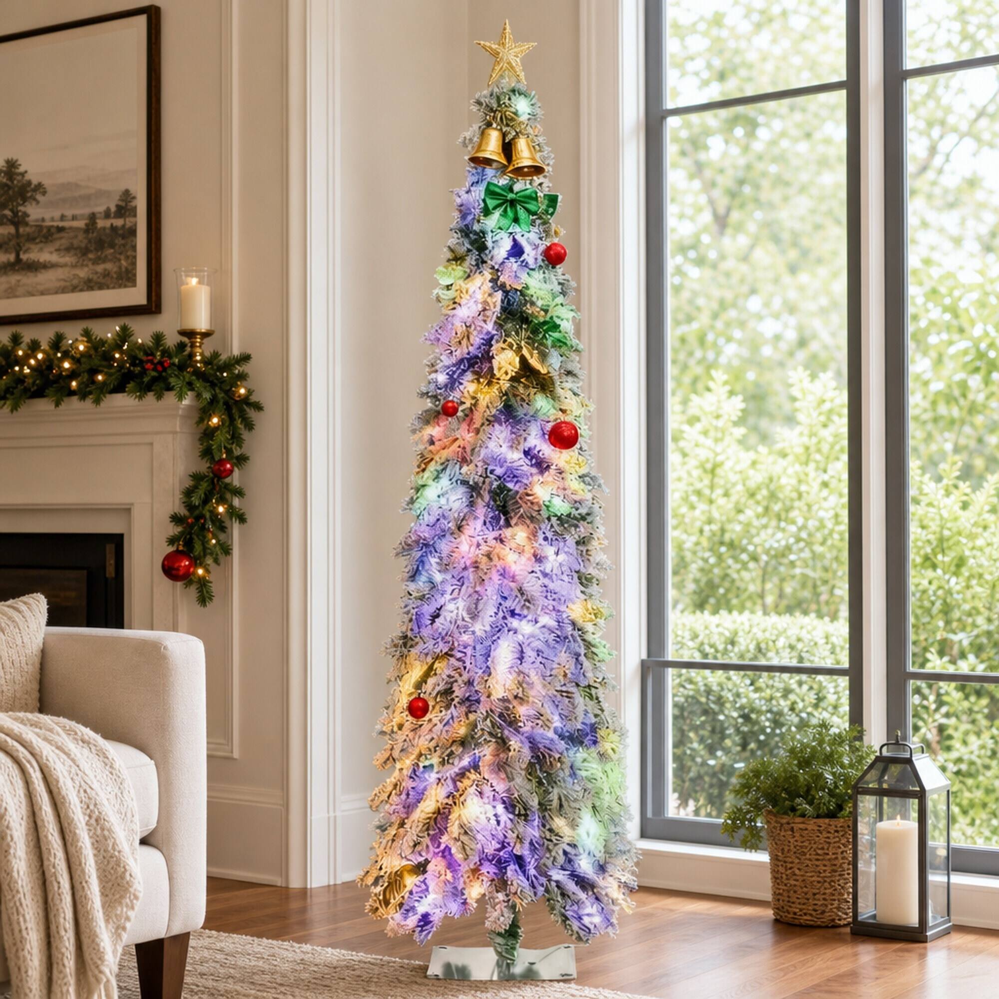 Back. RYHNUYNE - Pre-Lit Slim Flocked Christmas Tree With Warm White or Colorful LED Lights and Snow Frosted Branches - Green.