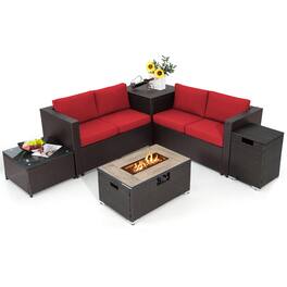 Gymax - 6 Piece Patio Sofa & Fire Table Set Outdoor Rattan Sectional Sofa Set w/ Storage Box Red - Mix Brown, Red