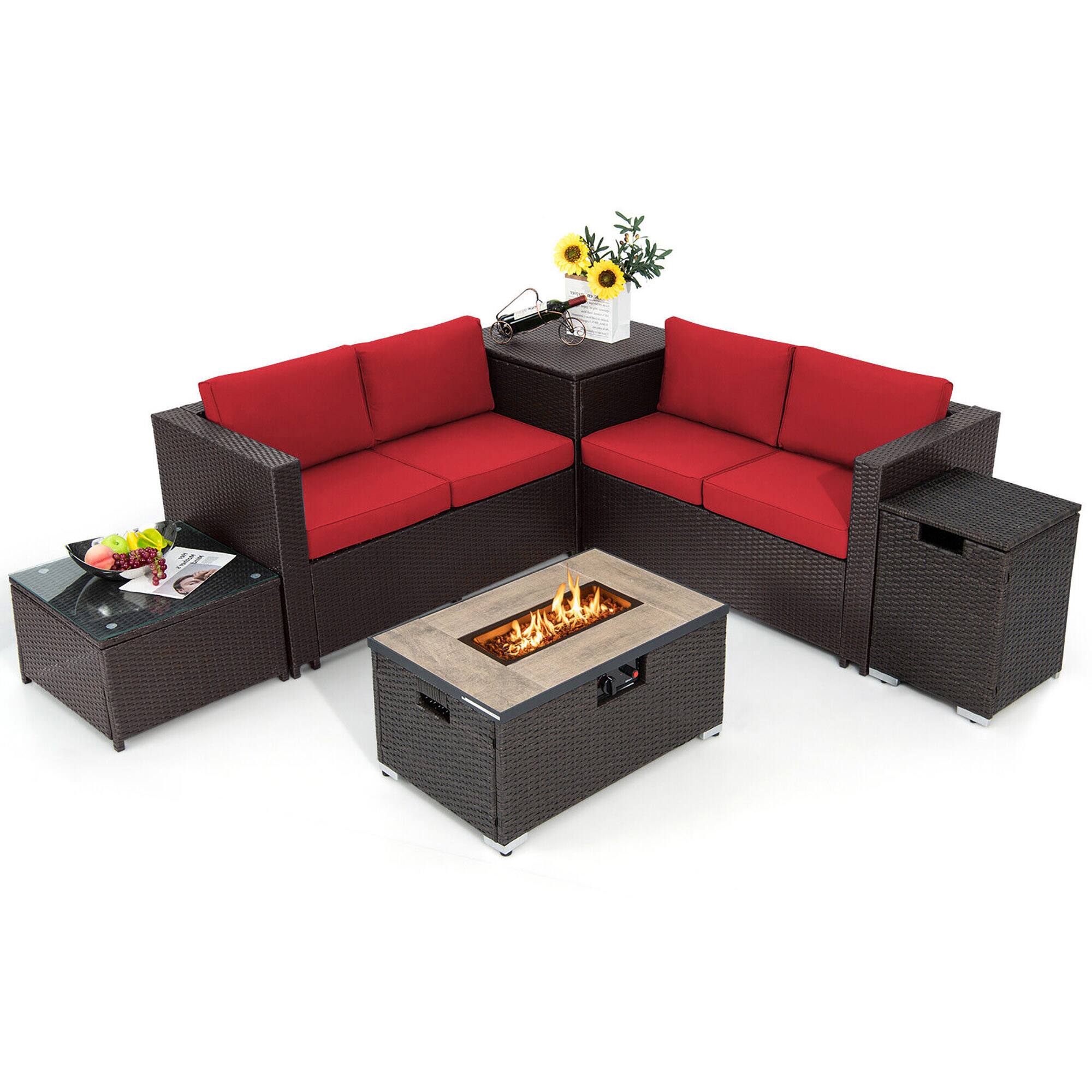Front. Gymax - Gymax 6 Piece Patio Sofa & Fire Table Set Outdoor Rattan Sectional Sofa Set w/ Storage Box Red - Mix Brown, Red.