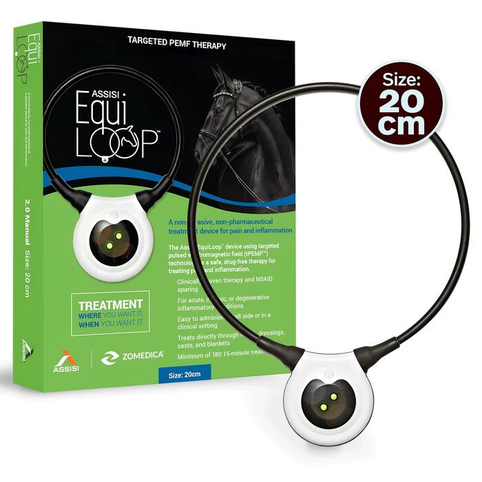 LOOP Equi  
TARGETED PEMF THERAPY ASSISI Equi LOOP  
Size: 20 cm  
2.0 Manual Size: 20 cm  
A non-invasive, non-pharmaceutical treatment device for pain and inflammation. The Assisi EquiLoop™ device using targeted pulsed electromagnetic field (tPEMF™) technology is a safe, drug-free therapy for treating pain and inflammation. Clinically proven therapy and NSAID sparing for acute, chronic, or degenerative inflammatory conditions.  
TREATMENT WHERE YOU WANT IT, WHEN YOU WANT IT  
Easy to administer in a clinical setting or at home. Treats directly through dressings, casts, and blankets. Minimum of 180 15-minute treatments.  
ZOMEDICA  
Size: 20 cm