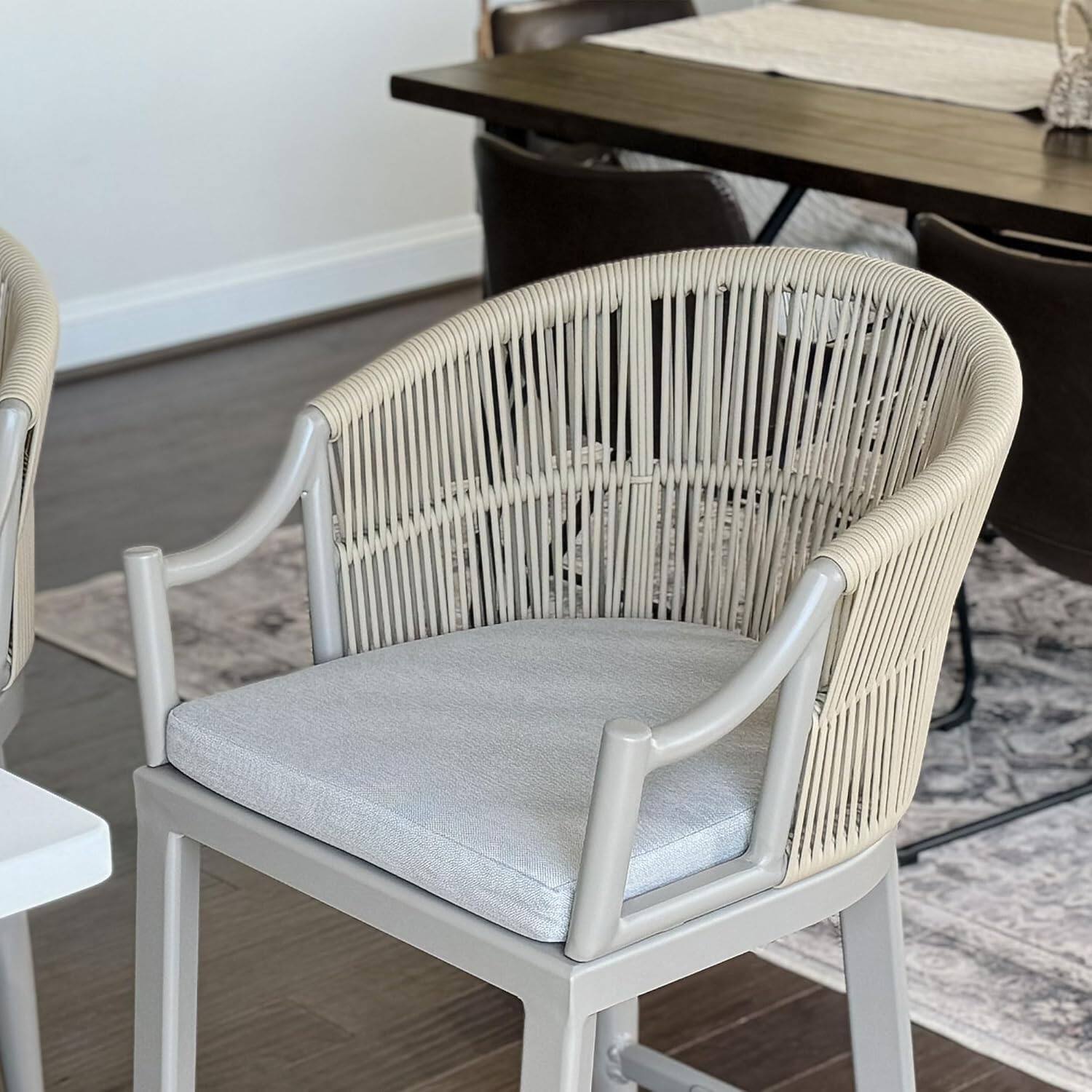 Alt View 3. PURPLE LEAF - Patio Bar Height Set of 2 Outdoor Rattan Chairs with Back Modern Aluminum Woven Barstools for Garden Indoor Kitchen - Champagne-Bar Stool.