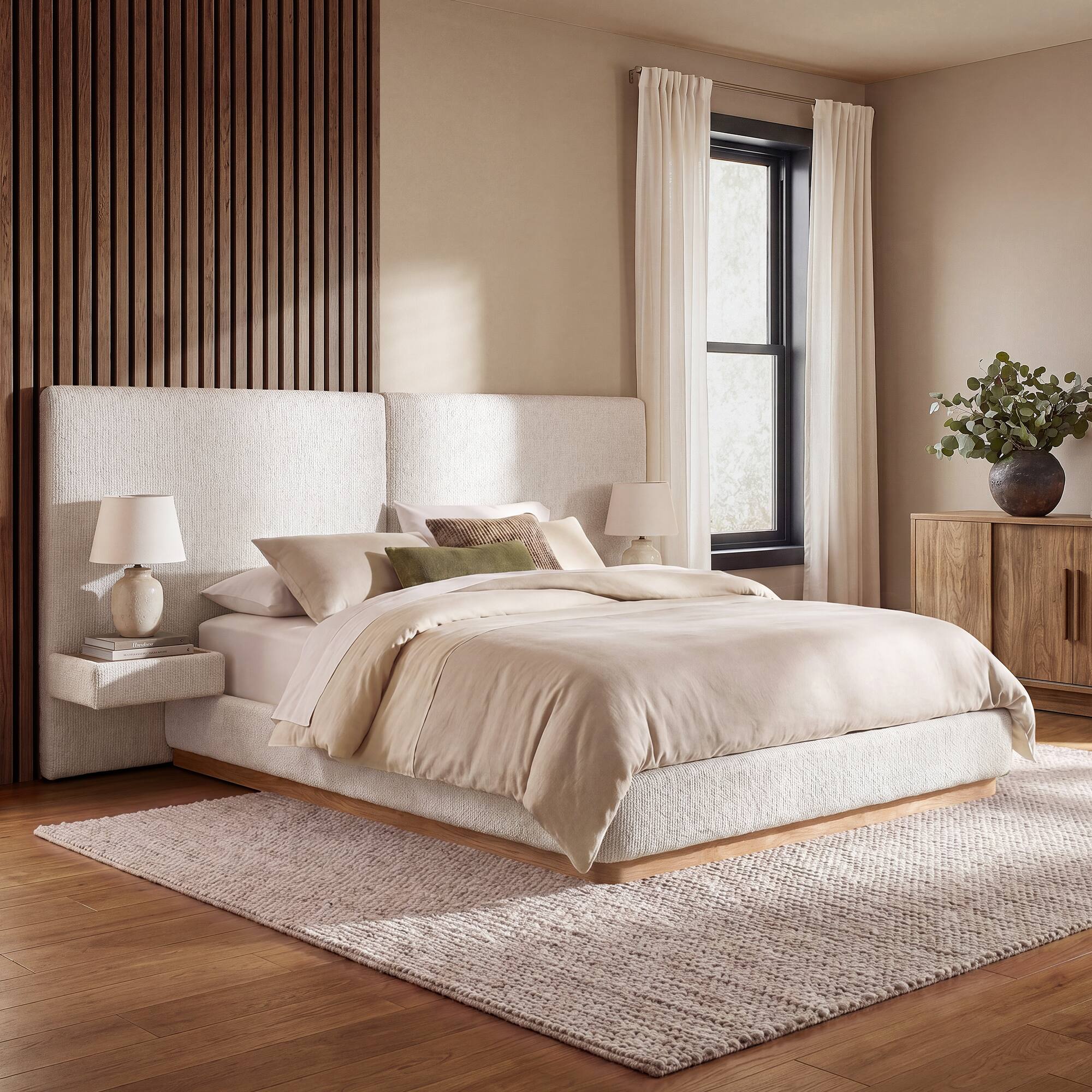 Alt View 7. ModernMate - Wide Headboard Bed Frame with 2 Nightstands Upholstered Platform Bed with Footboard - Beige.