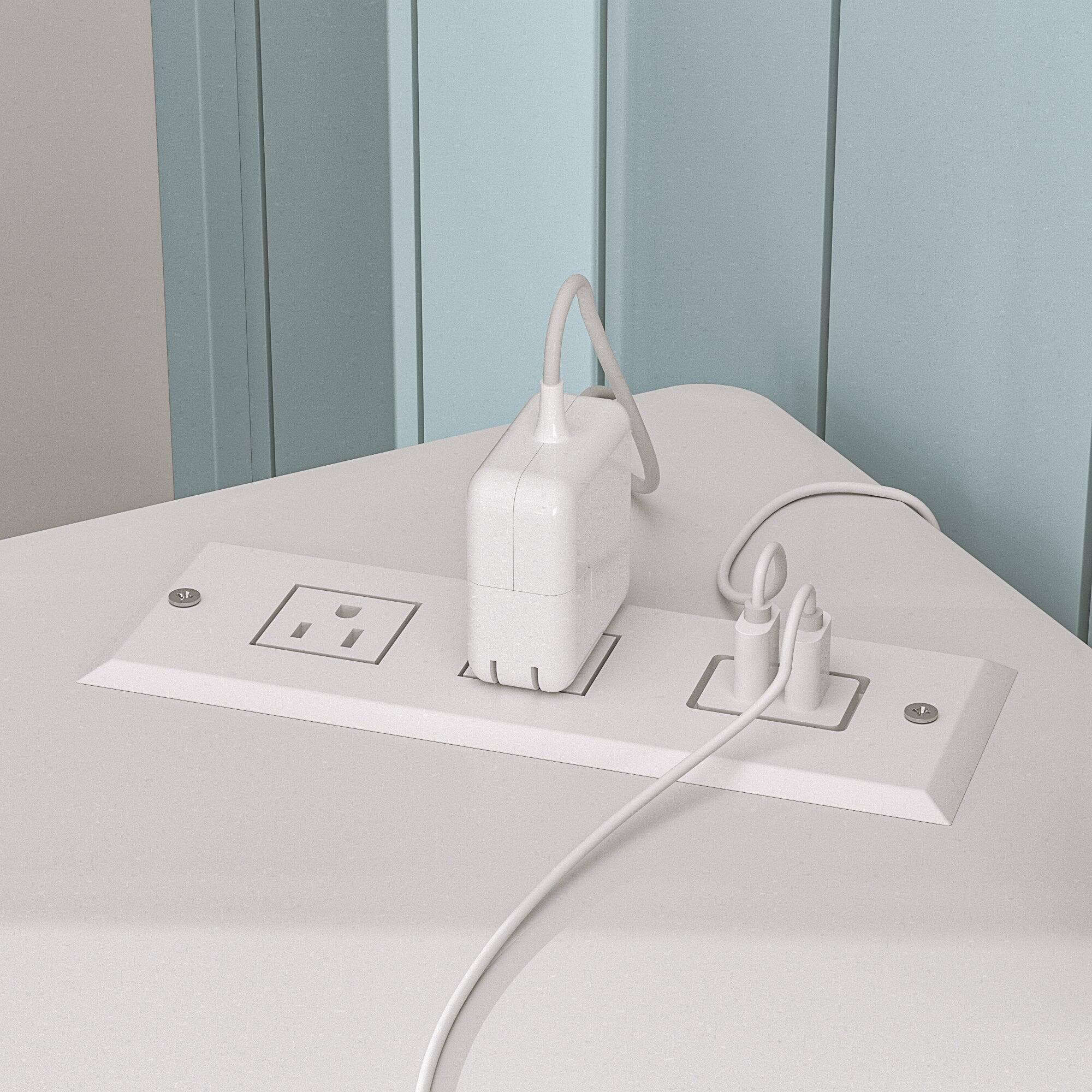 Left. Vecelo - 41" Corner Computer Desk with Keyboard Tray & Storage Shelf - Triangle Space Saving Design, Metal Frame for Home Office - White with socket.