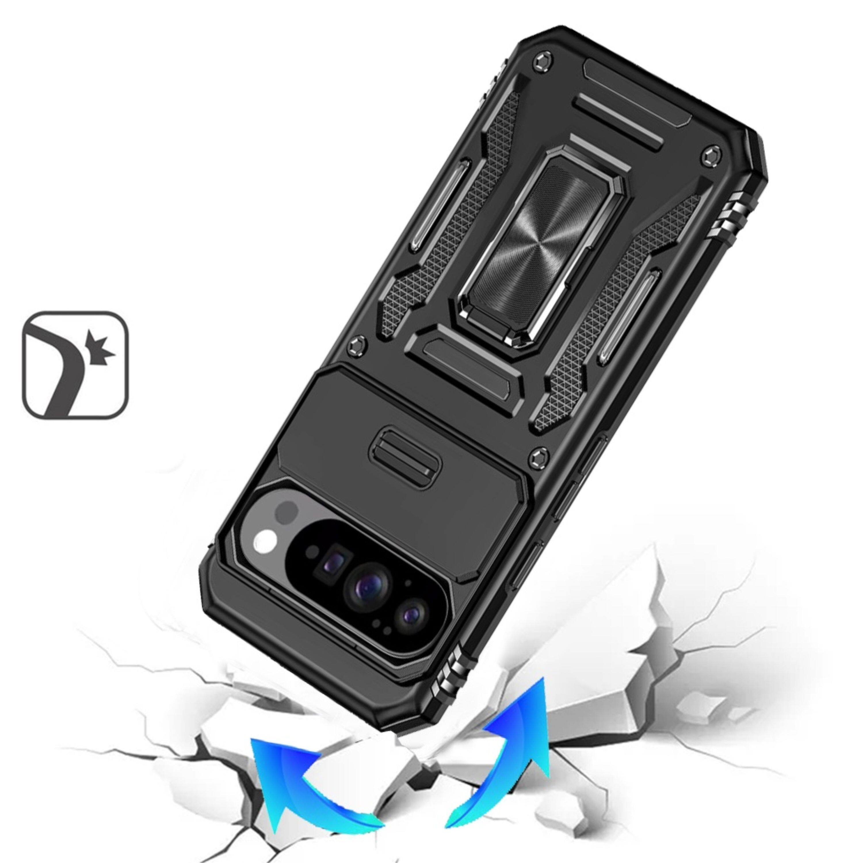 Left. Kitcheniva - Sliding Lens Cover Metal Stand Phone Case With Tempered Glass For Google Pixel 10 Pro XL Black - Black.