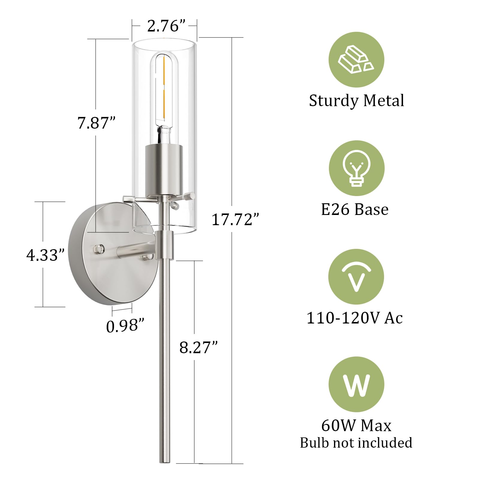 - 2.76"
- 7.87"
- 17.72"
- 4.33"
- 0.98"
- 8.27"
- Sturdy Metal
- E26 Base
- 110-120V Ac
- 60W Max
- Bulb not included
