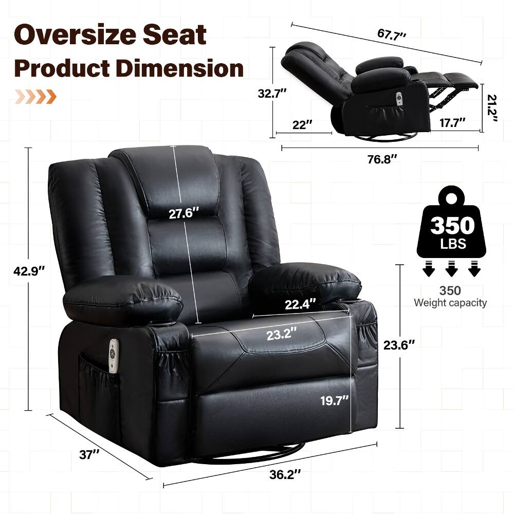 Oversize Seat Product Dimension >>>>  
32.7" 22"  
67.7" 76.8"  
17.7"  
21.2"  
27.6"  
350 LBS  
42.9"  
22.4" 23.2"  
350 Weight capacity 23.6"  
19.7"  
37"  
36.2"