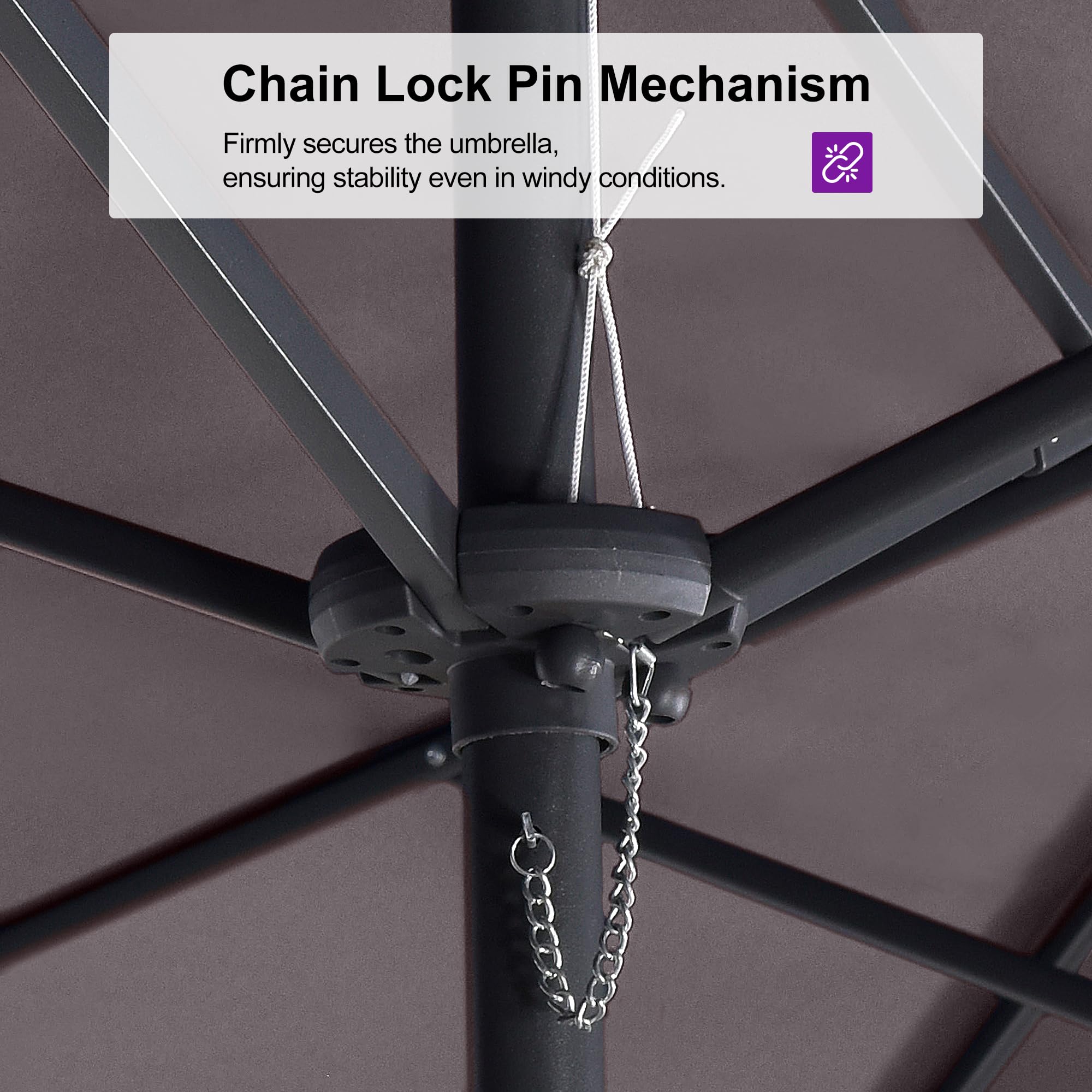 Chain Lock Pin Mechanism  
Firmly secures the umbrella, ensuring stability even in windy conditions.